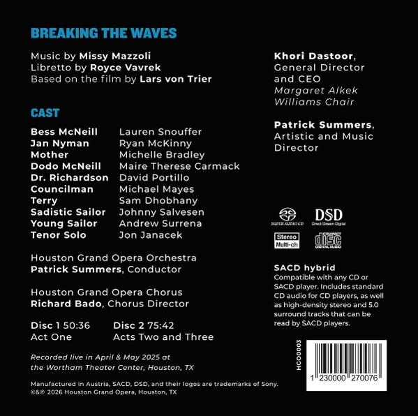 Schwarze CD-Rückseite mit weißem Text zur Besetzung und zu den Details der Oper Breaking the Waves.