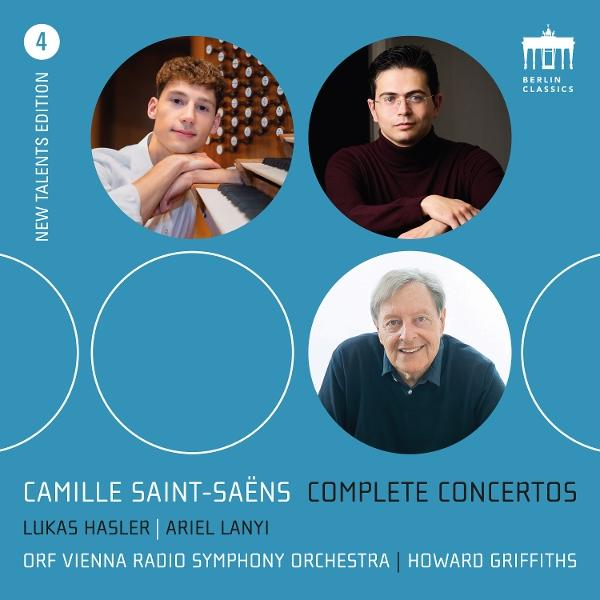 Albumcover mit drei runden Musikerporträts auf blauem Grund, Text für Camille Saint-Saëns Konzerte.