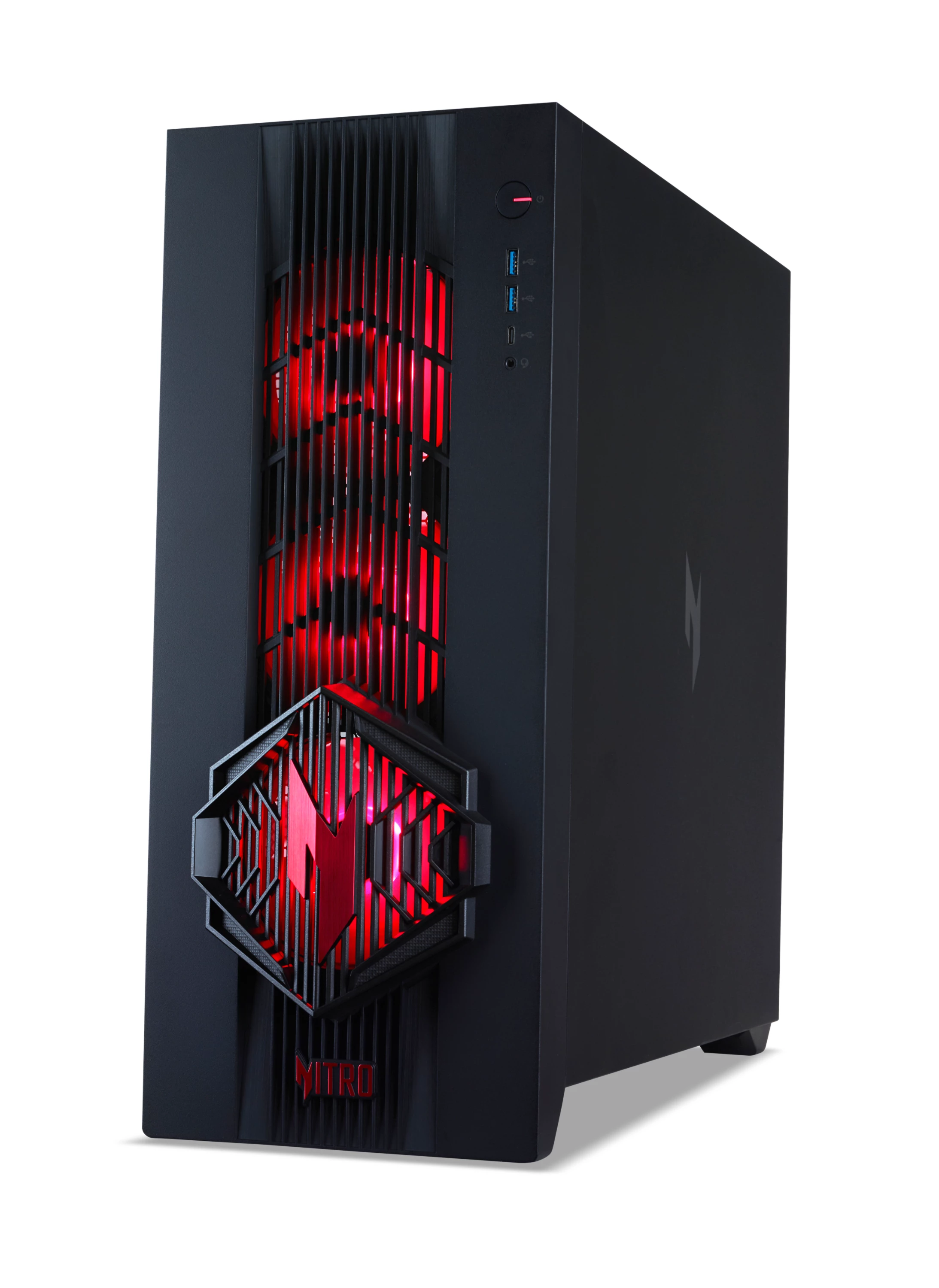 Ein schwarzer Gaming-PC-Tower mit roten Leuchtlüftern auf der Vorderseite, USB-Anschlüssen und einem Nitro-Logo.