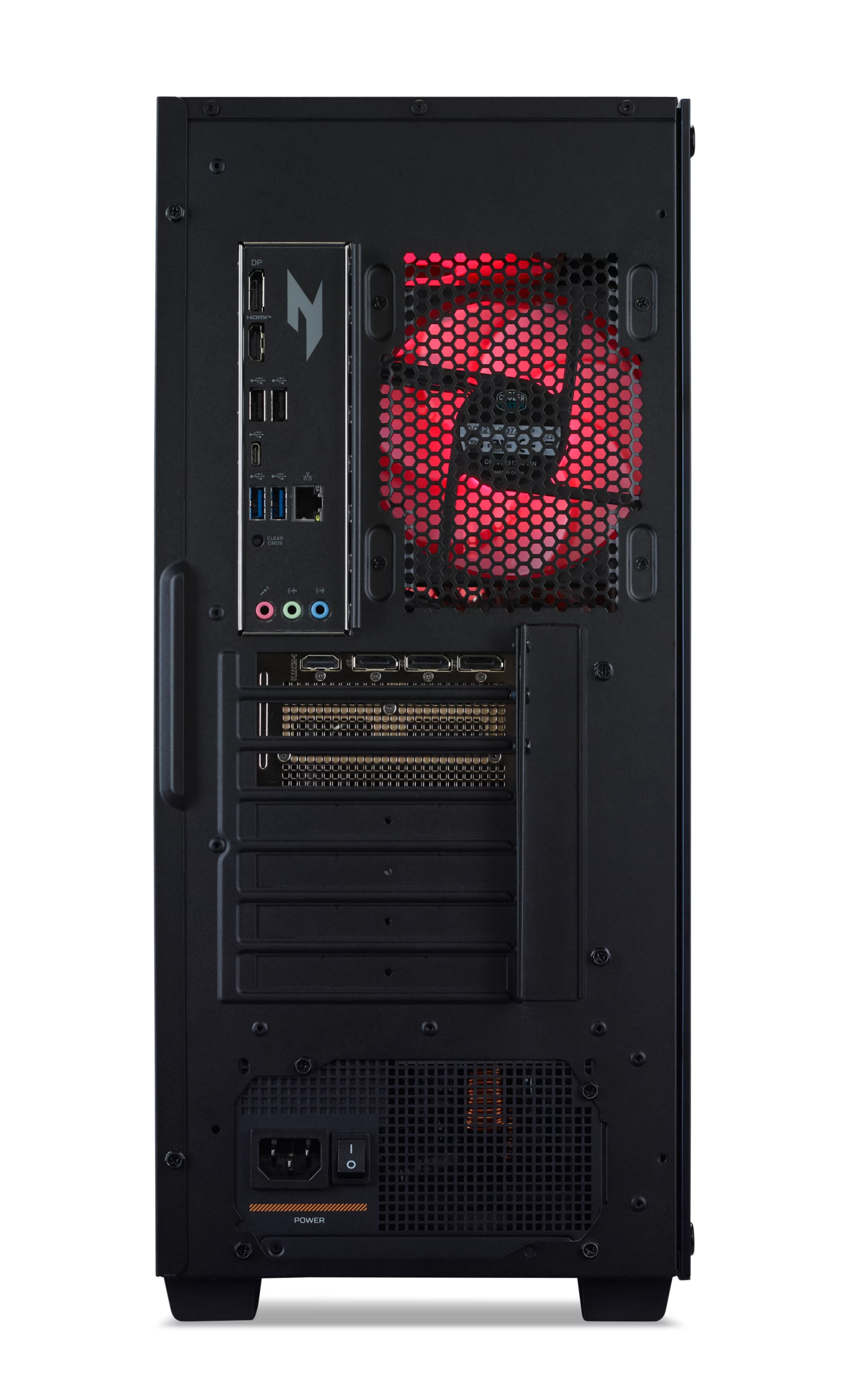 Rückseite eines schwarzen PC-Gehäuses mit I/O-Anschlüssen, einem roten beleuchteten Lüfter und einem Netzteil unten.