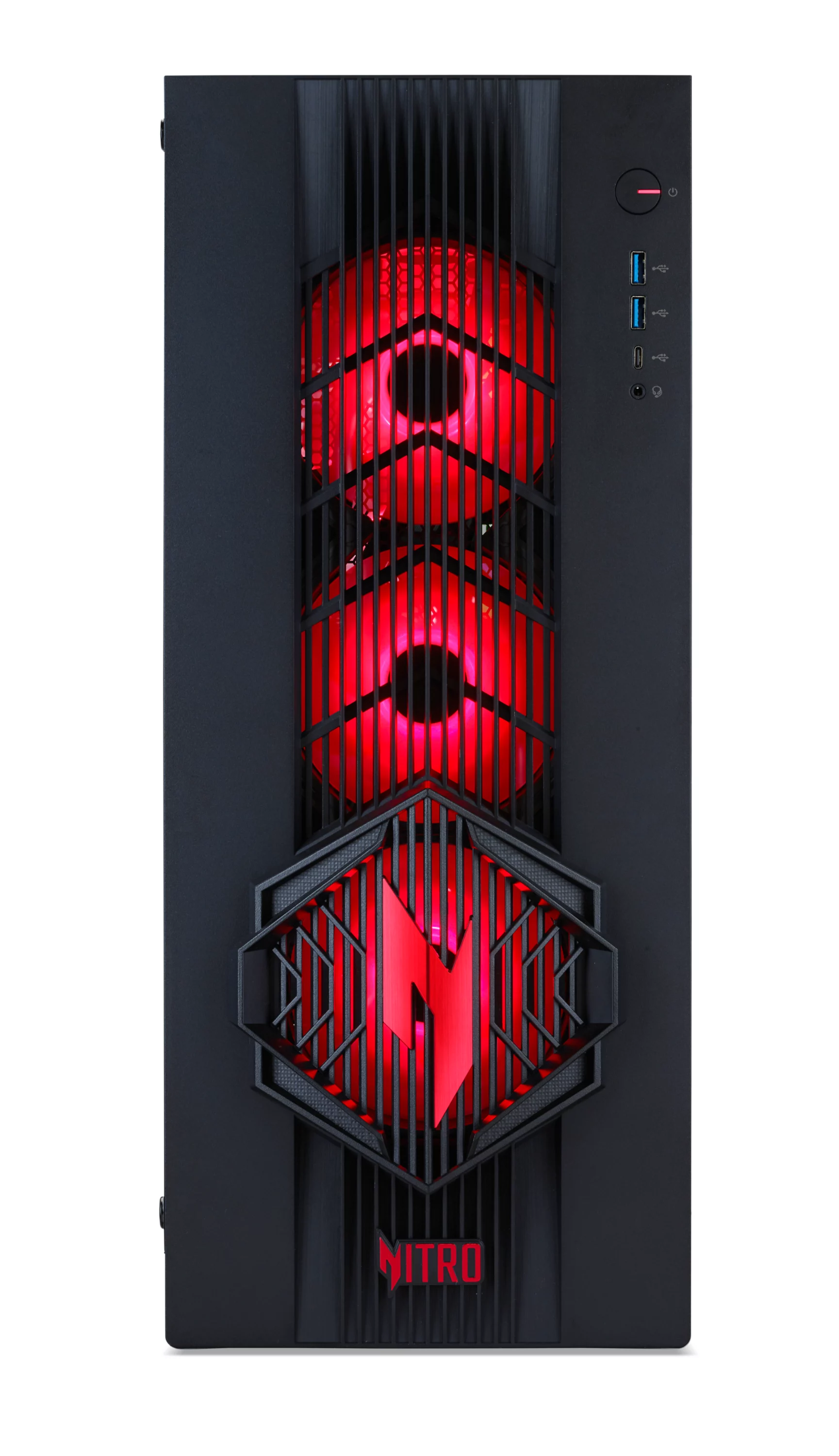 Schwarzes PC-Gehäuse von vorne mit roten leuchtenden Lüftern und Nitro-Logo.