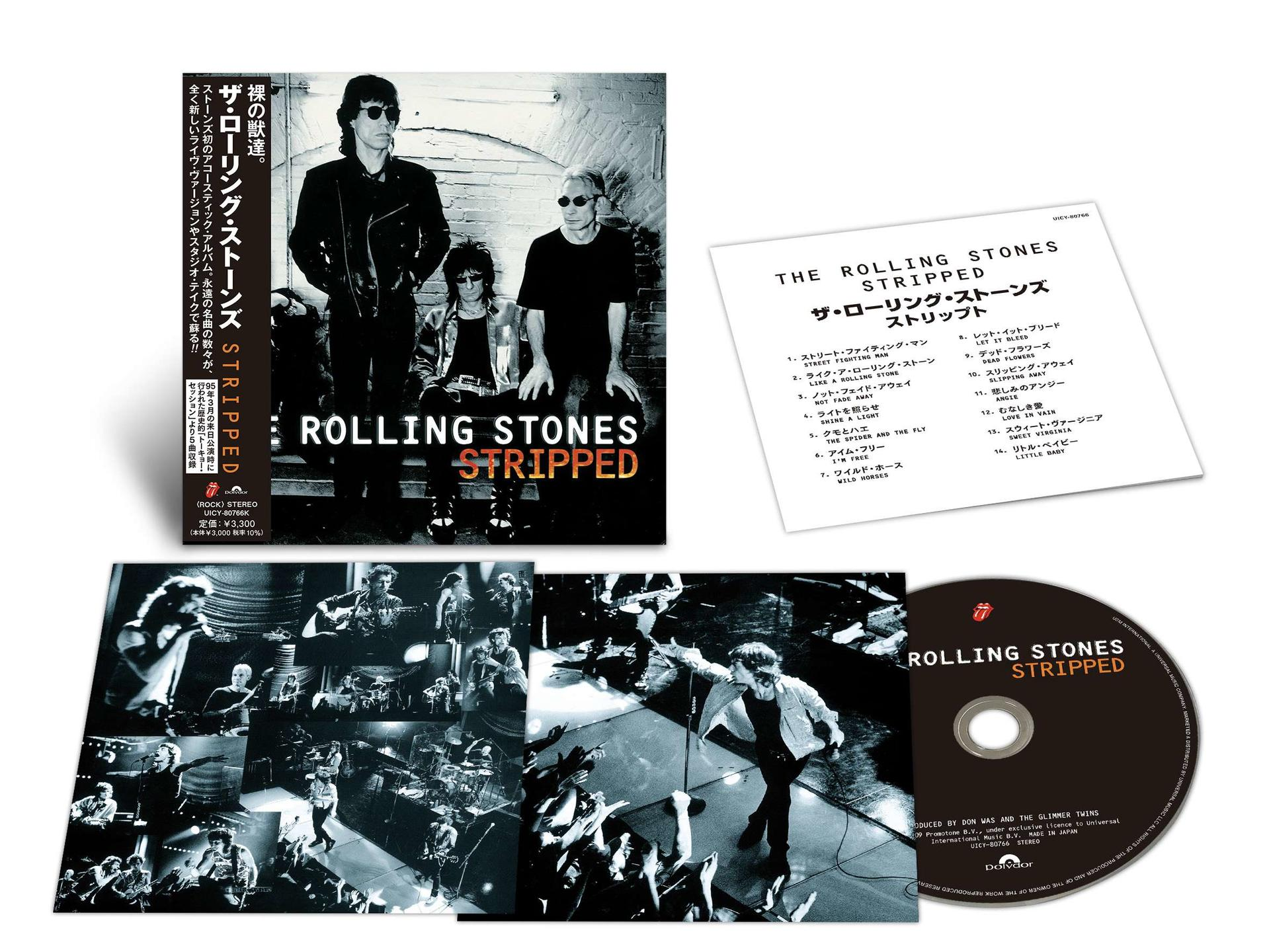 Das Rolling Stones Stripped Album mit Cover, Inlay und CD auf weißem Grund.
