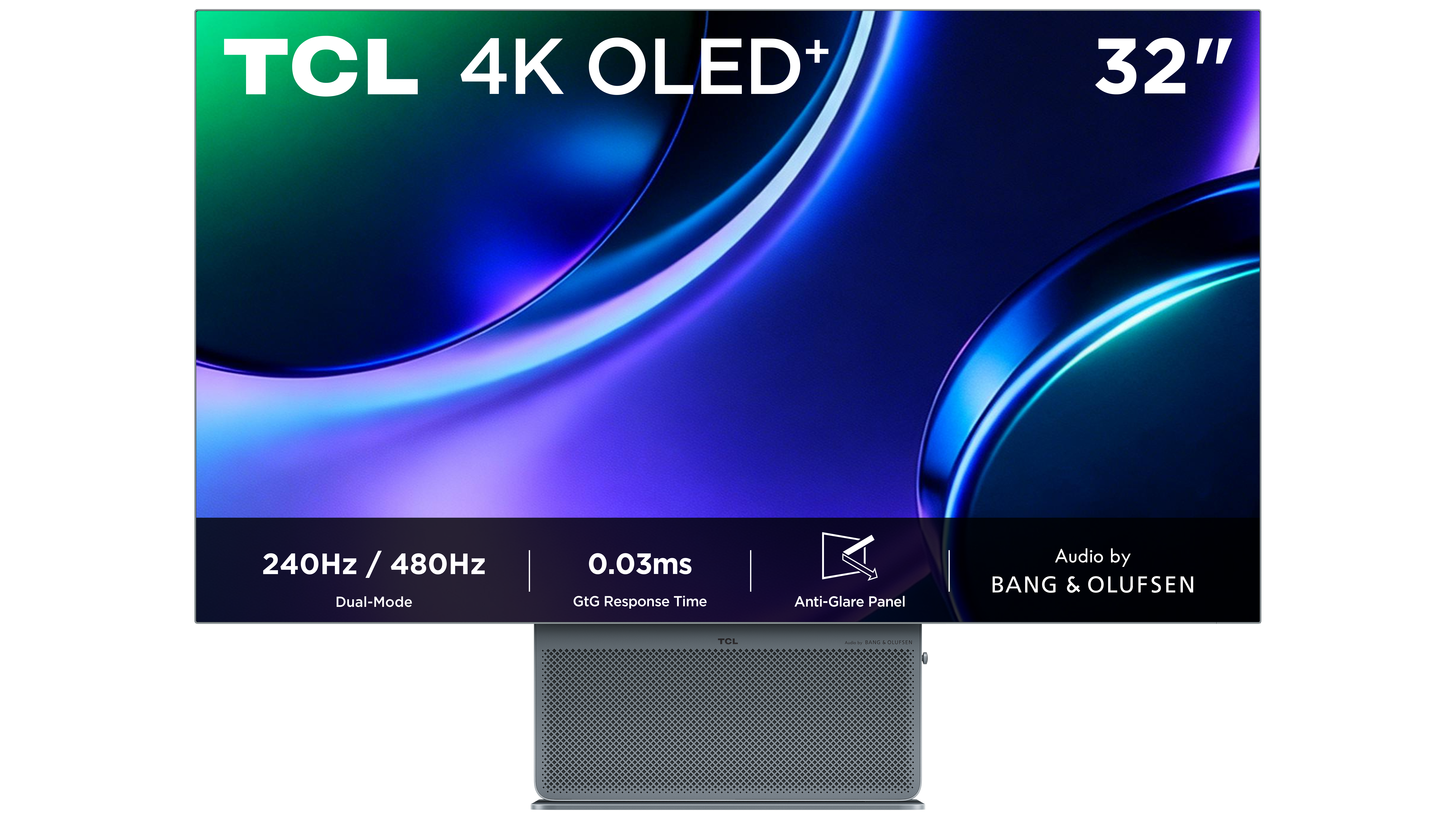 TCL 32-Zoll-4K-OLED-Monitor mit Lautsprecherfuß, der Funktionen wie 240Hz, 0,03ms und Bang & Olufsen Audio anzeigt.