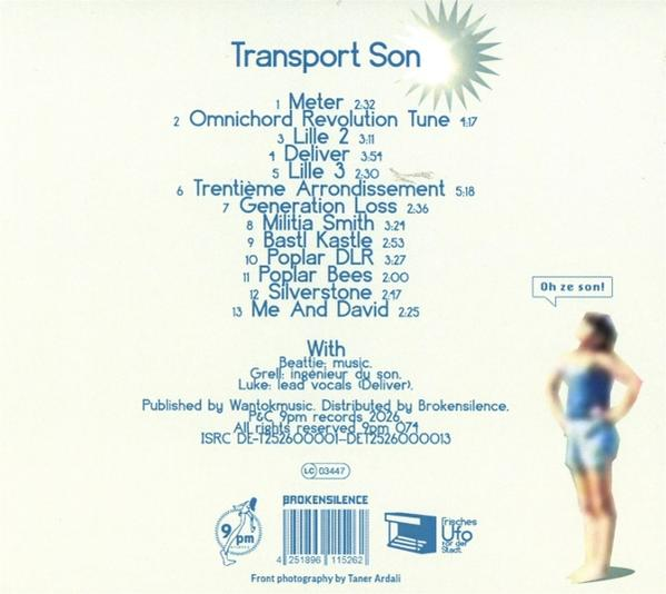 Rückseite des CD-Covers mit Transport Son Titeln, Credits, Barcode und einer Person.