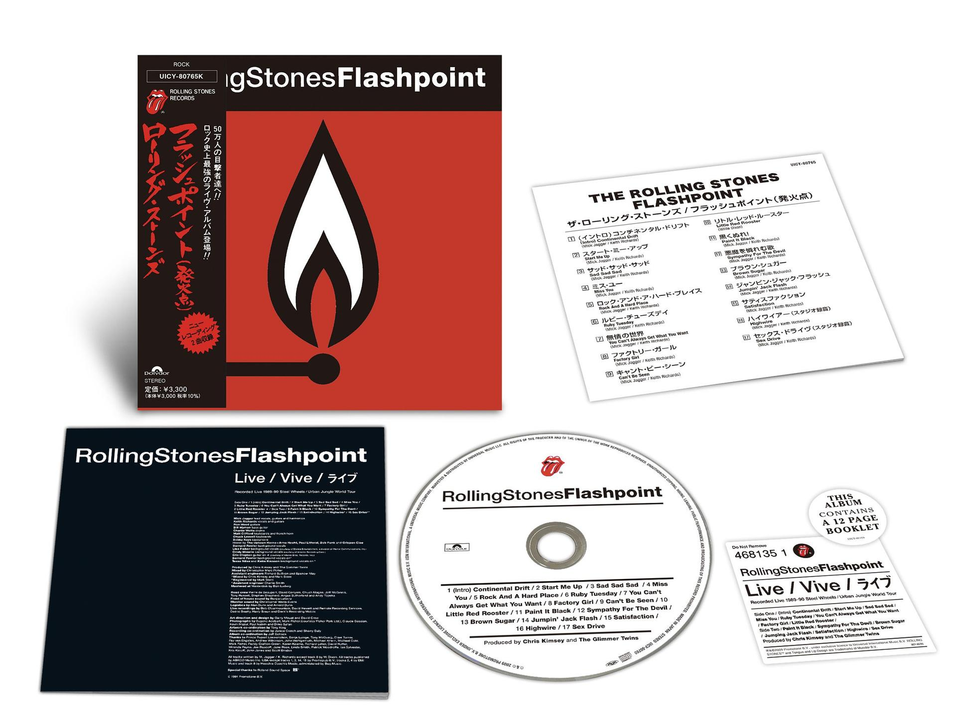 Das Rolling Stones Flashpoint Live-Album, Cover, CD und Booklet mit rotem Zungen-Logo.