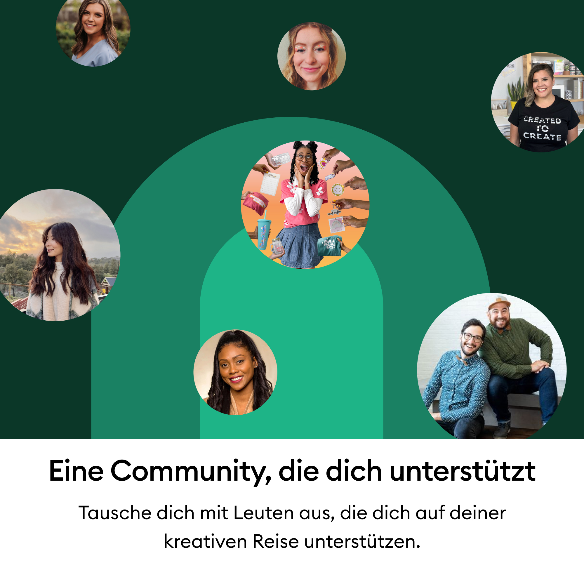 Collage von Personen in Kreisen vor grünem Hintergrund mit deutschem Text.