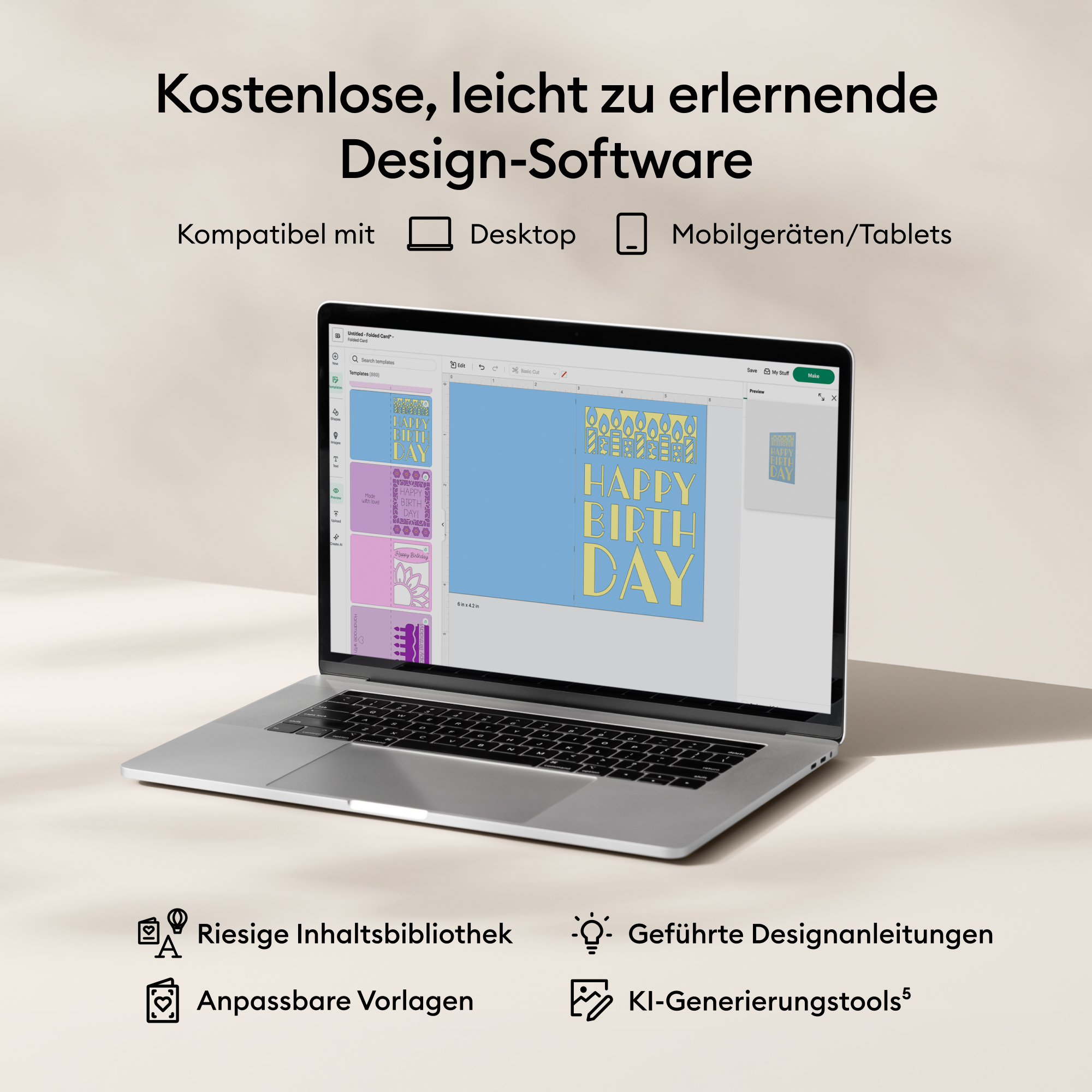 Laptop auf hellem Tisch mit Design-Software auf dem Bildschirm.