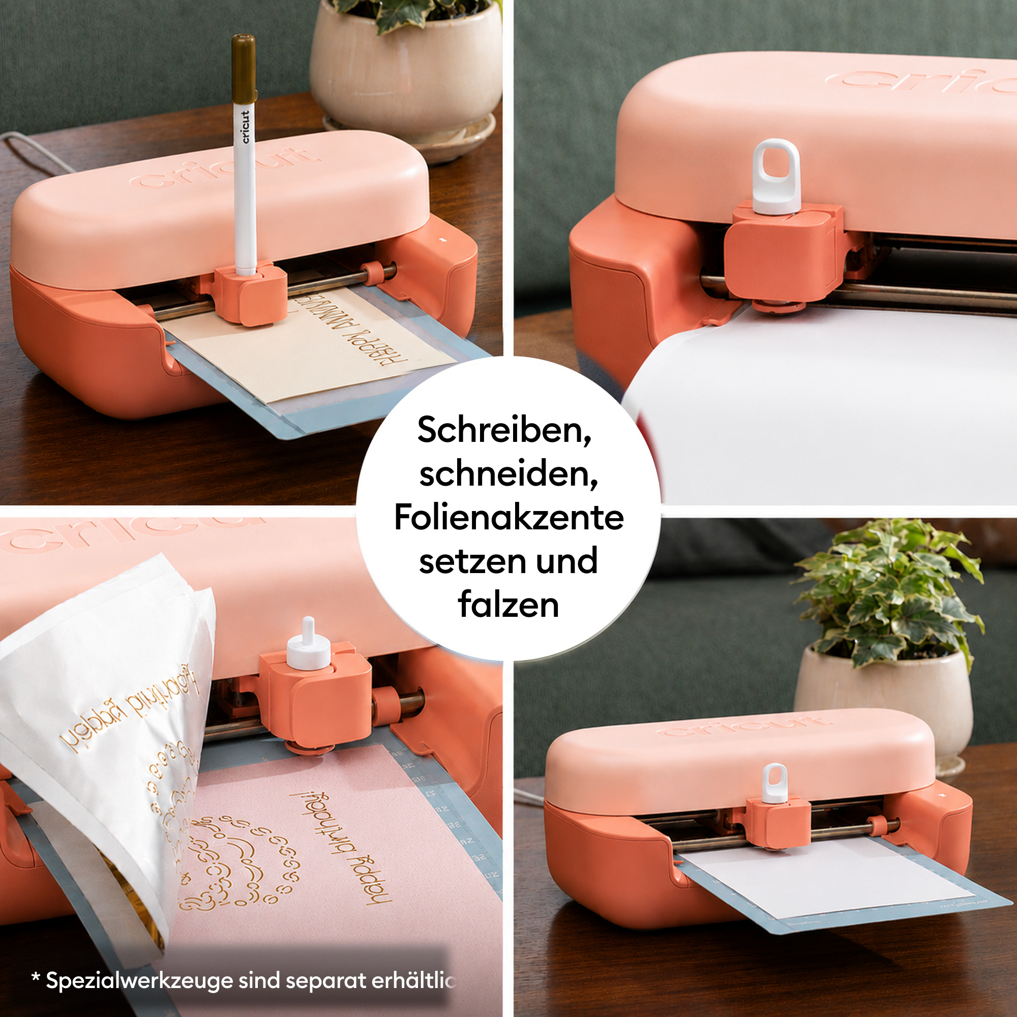 Ein rosafarbener Cricut-Schneideplotter auf einem Tisch, der verschiedene Funktionen wie Schreiben und Schneiden ausführt.