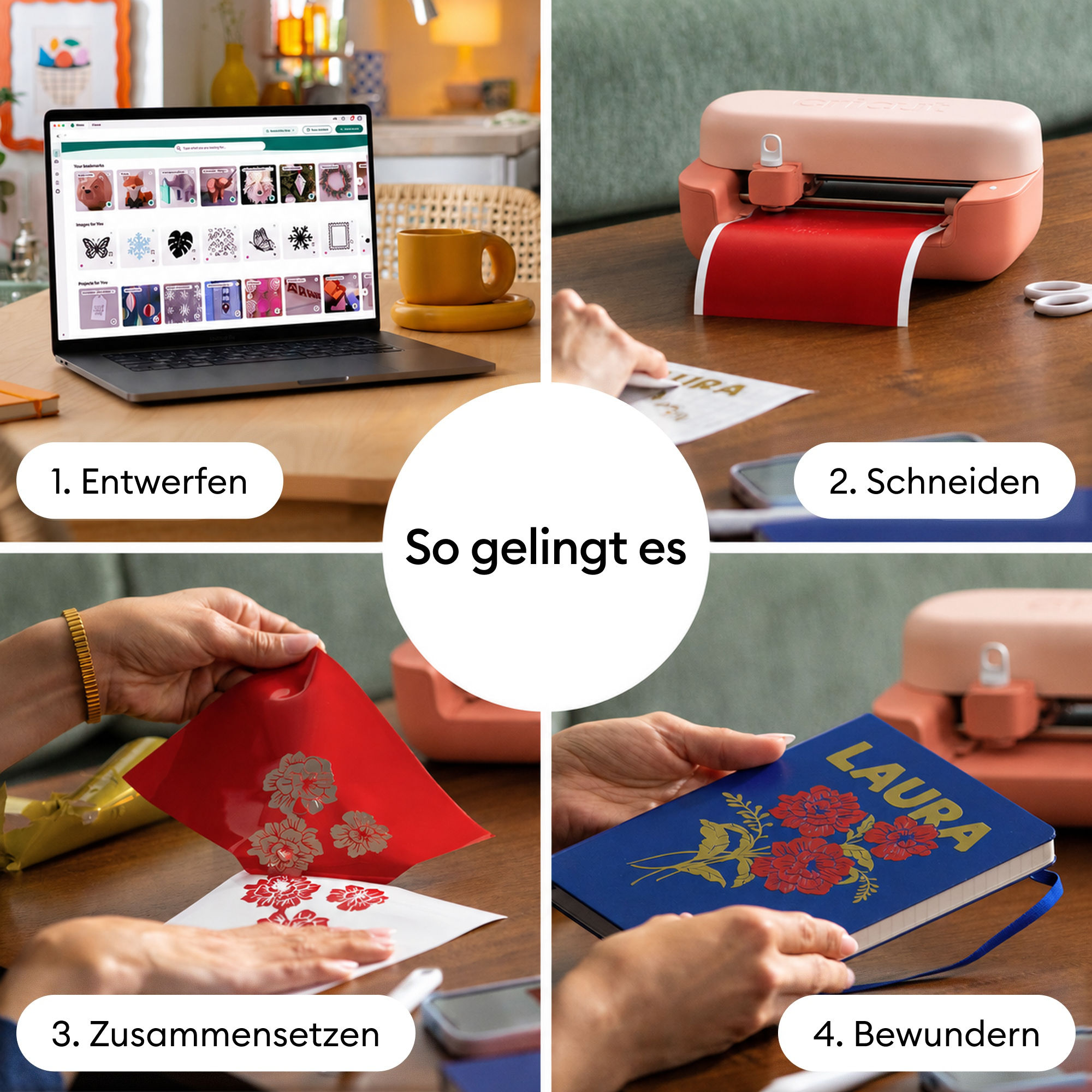 Vier Schritte zum Basteln: Entwerfen am Laptop, Schneiden mit pinkem Gerät, Abziehen der Folie und fertiges Notizbuch.