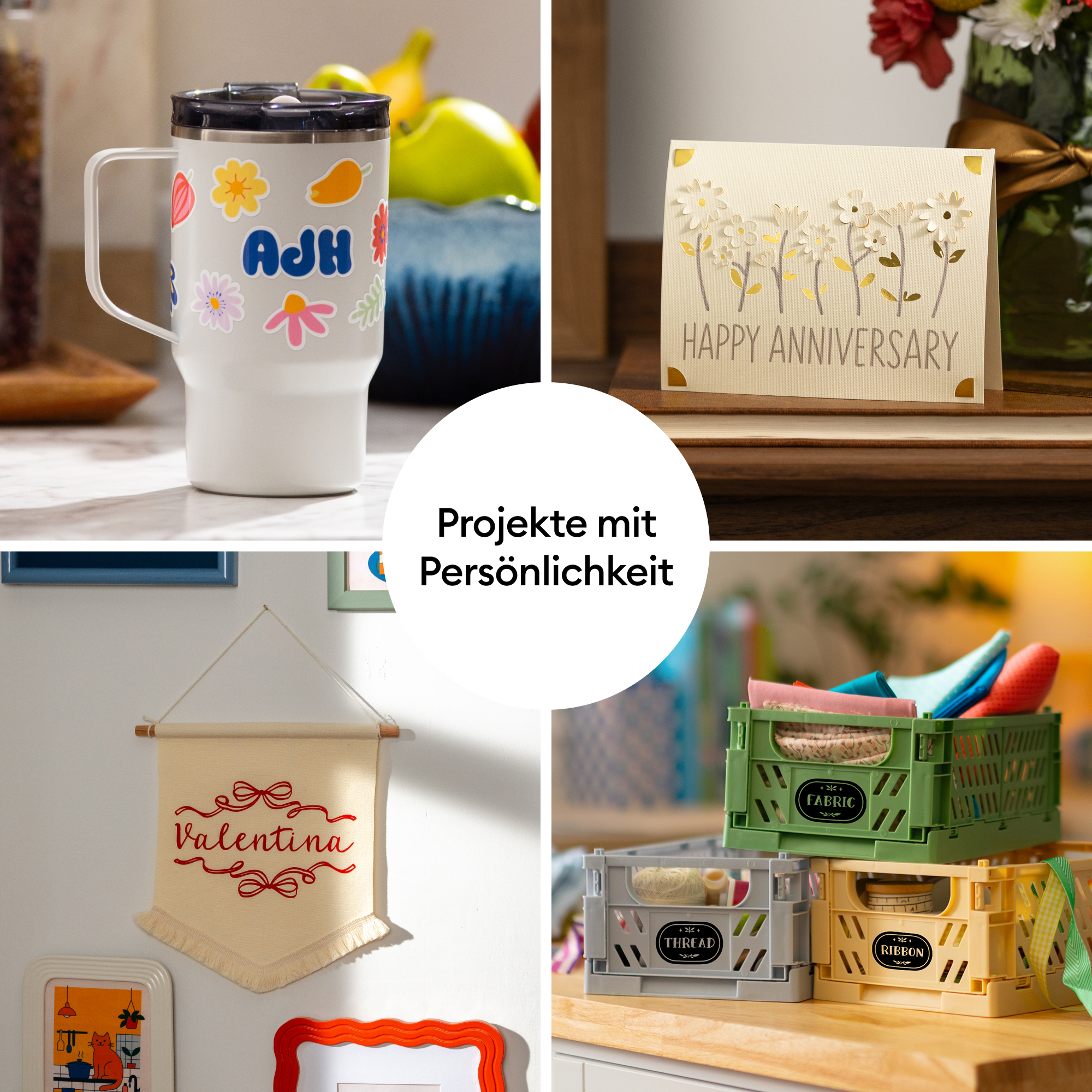 Collage mit vier DIY-Projekten: personalisierter Becher, Jubiläumskarte, Wandbehang und beschriftete Boxen.
