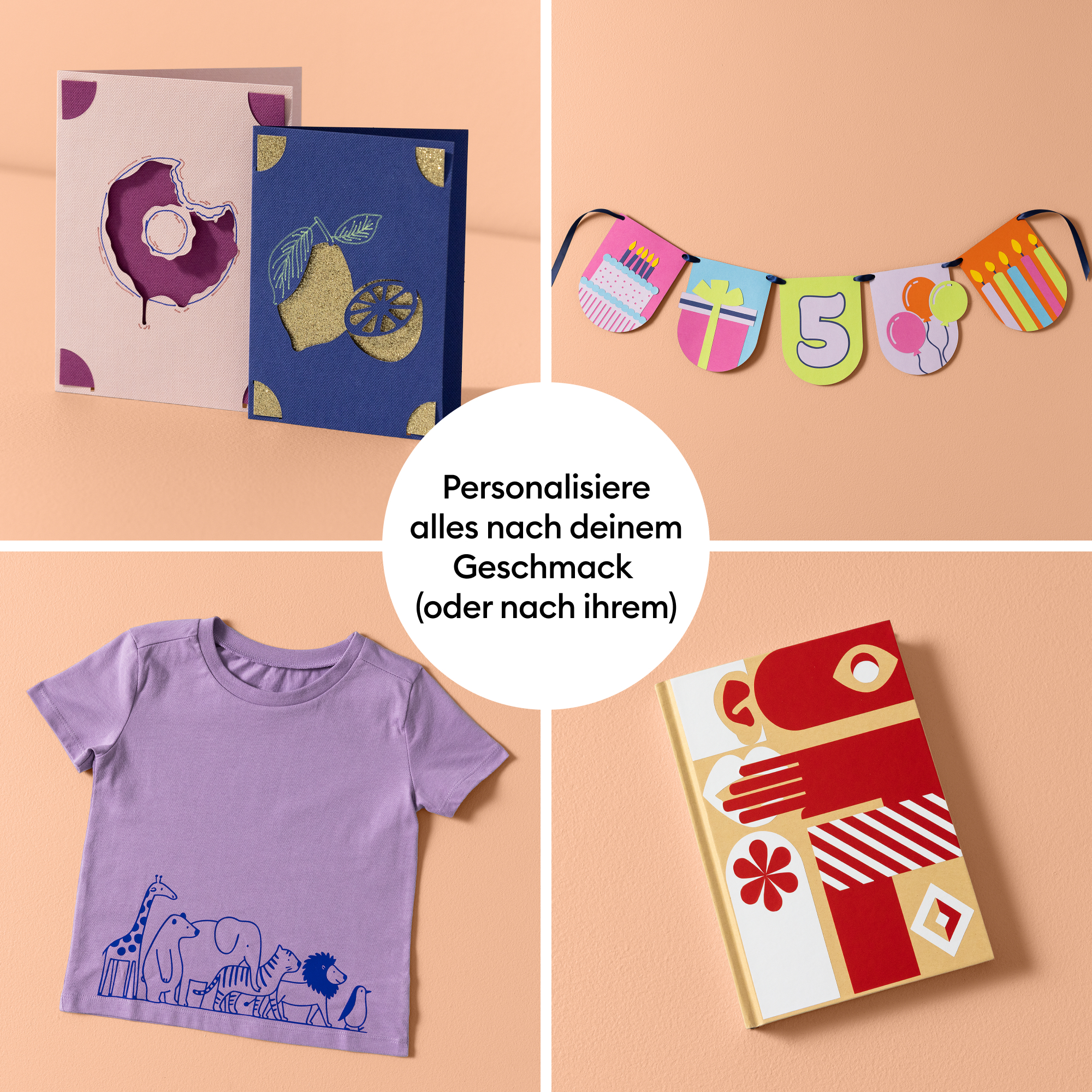 Vier Bilder zeigen personalisierte Produkte wie Karten, Girlande, T-Shirt und ein Buch.