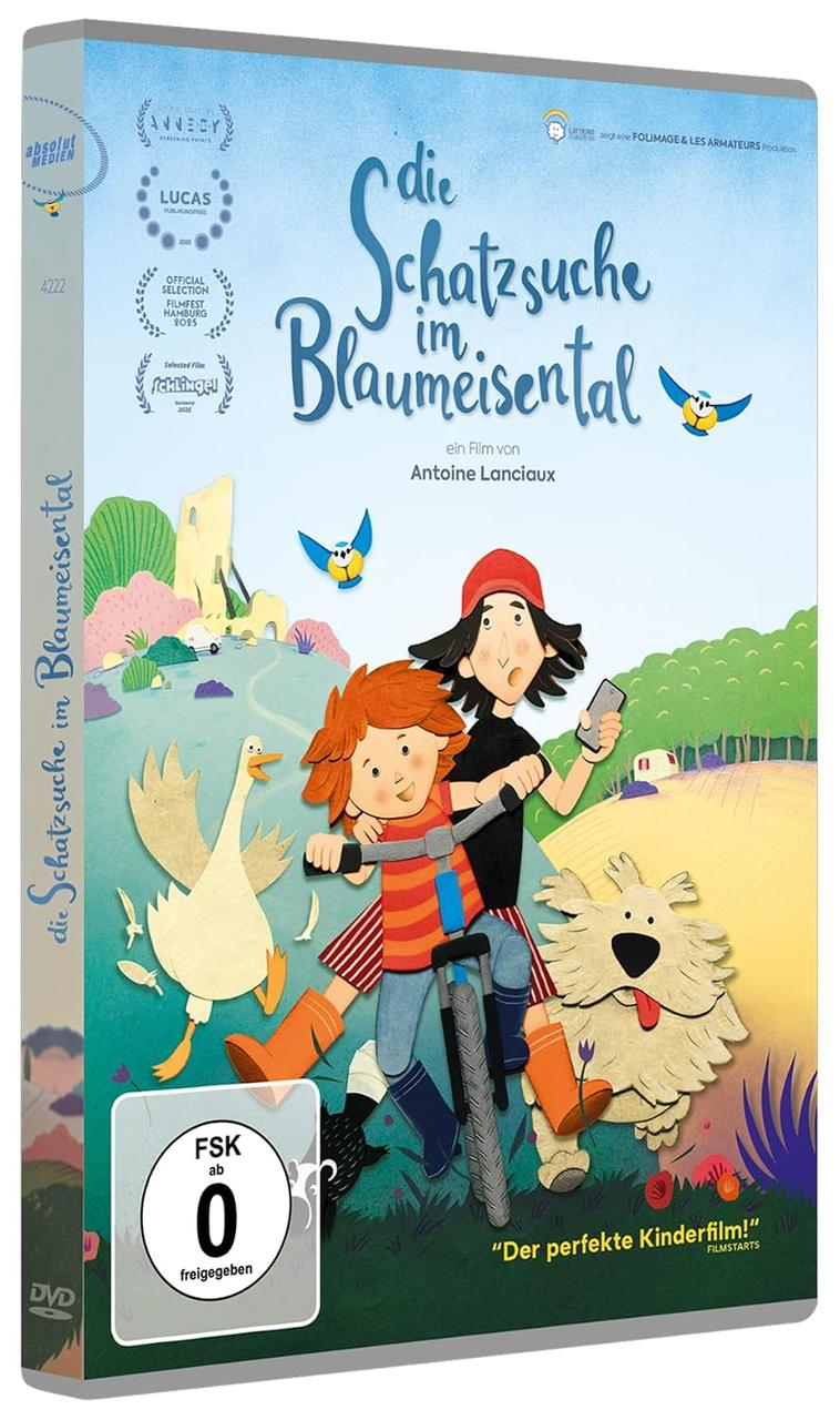 DVD-Hülle von Die Schatzsuche im Blaumeisental mit animierten Figuren, Gans und Hund im Gras.