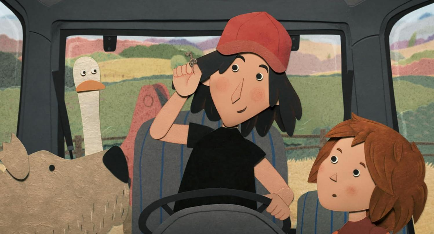 Schnittmuster-Animation eines Fahrers in roter Mütze mit Schlüssel, Gans und Kind in einem Fahrzeug.