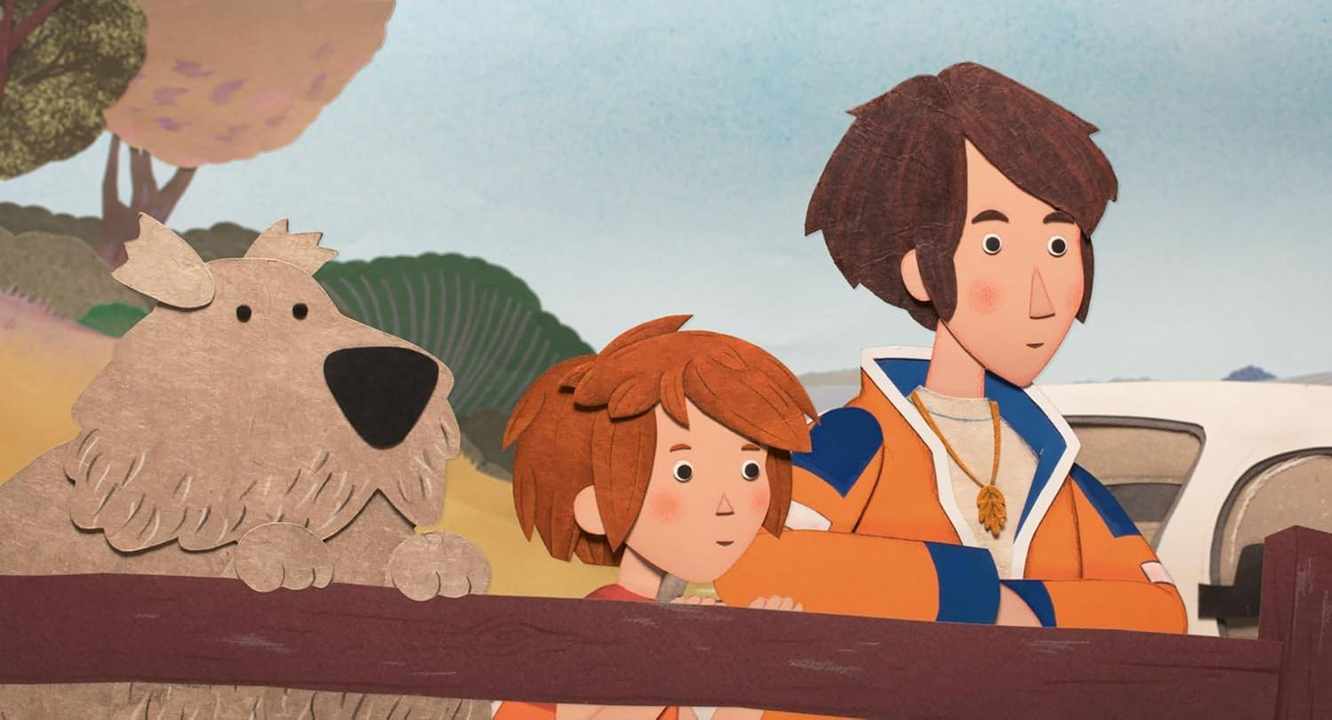Scherenschnitt-Animationsszene mit einem großen, zotteligen Hund, einem kleinen Kind und einem Teenager an einem Zaun.