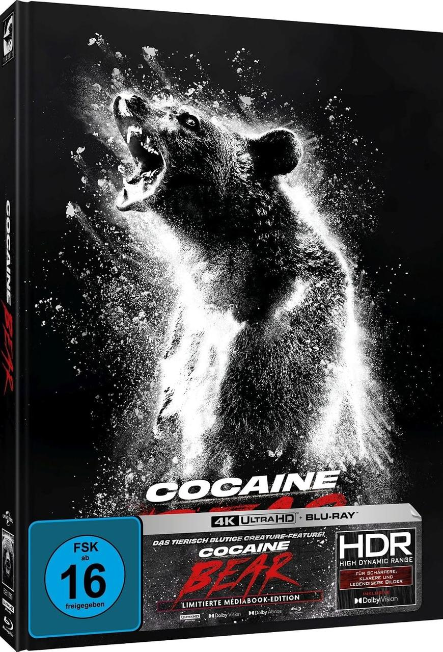 Cocaine Bear 4K Ultra HD Mediabook Cover mit einem wilden, schwarz-weißen Bären im Schnee.