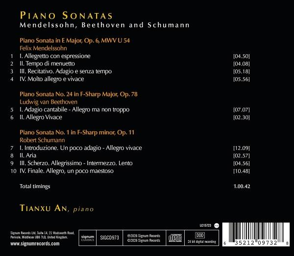 Rückseite einer CD mit Klavier-Sonaten von Mendelssohn, Beethoven und Schumann, gespielt von Tianxu An.
