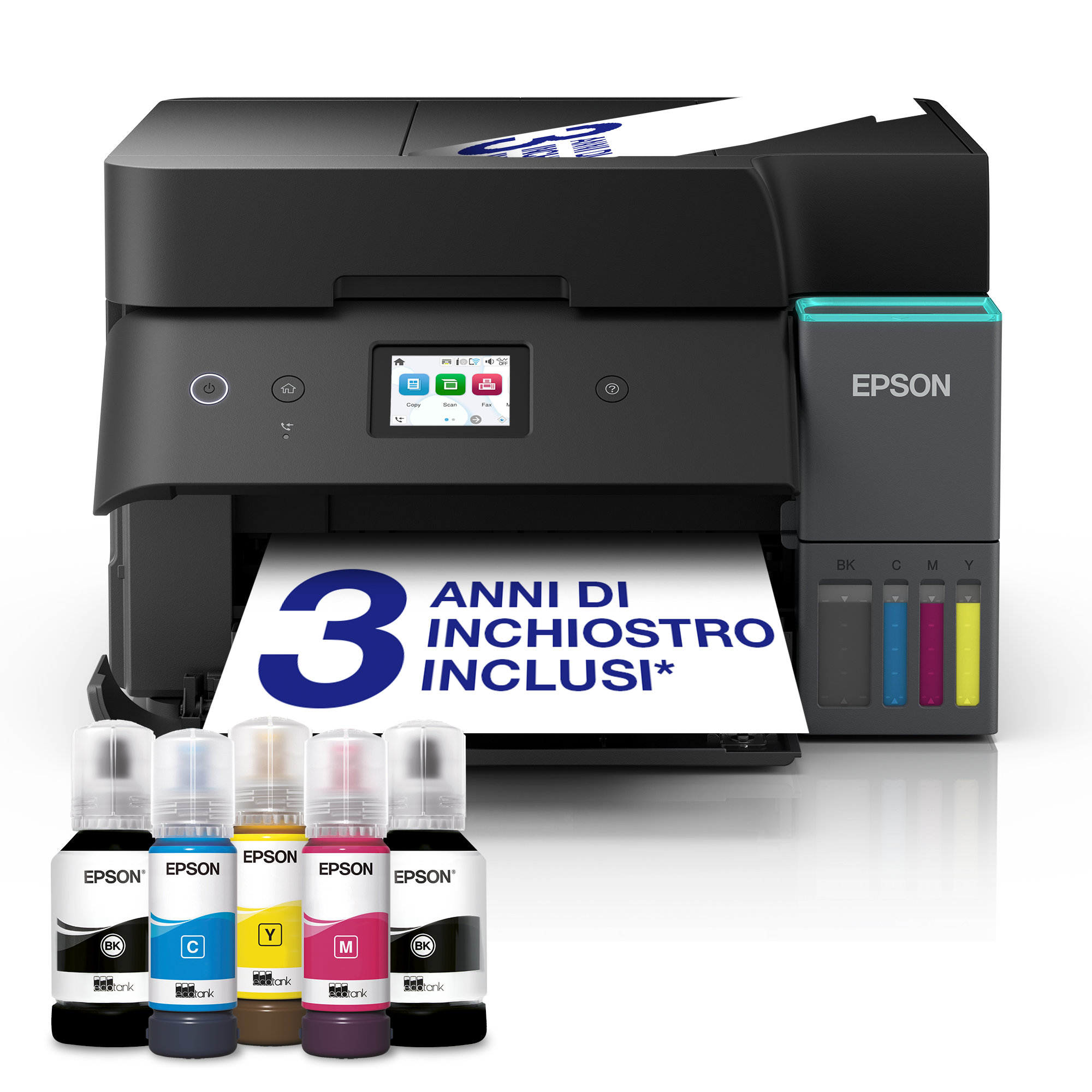 Stampante Epson EcoTank con flaconi di inchiostro in basso e testo promozionale.