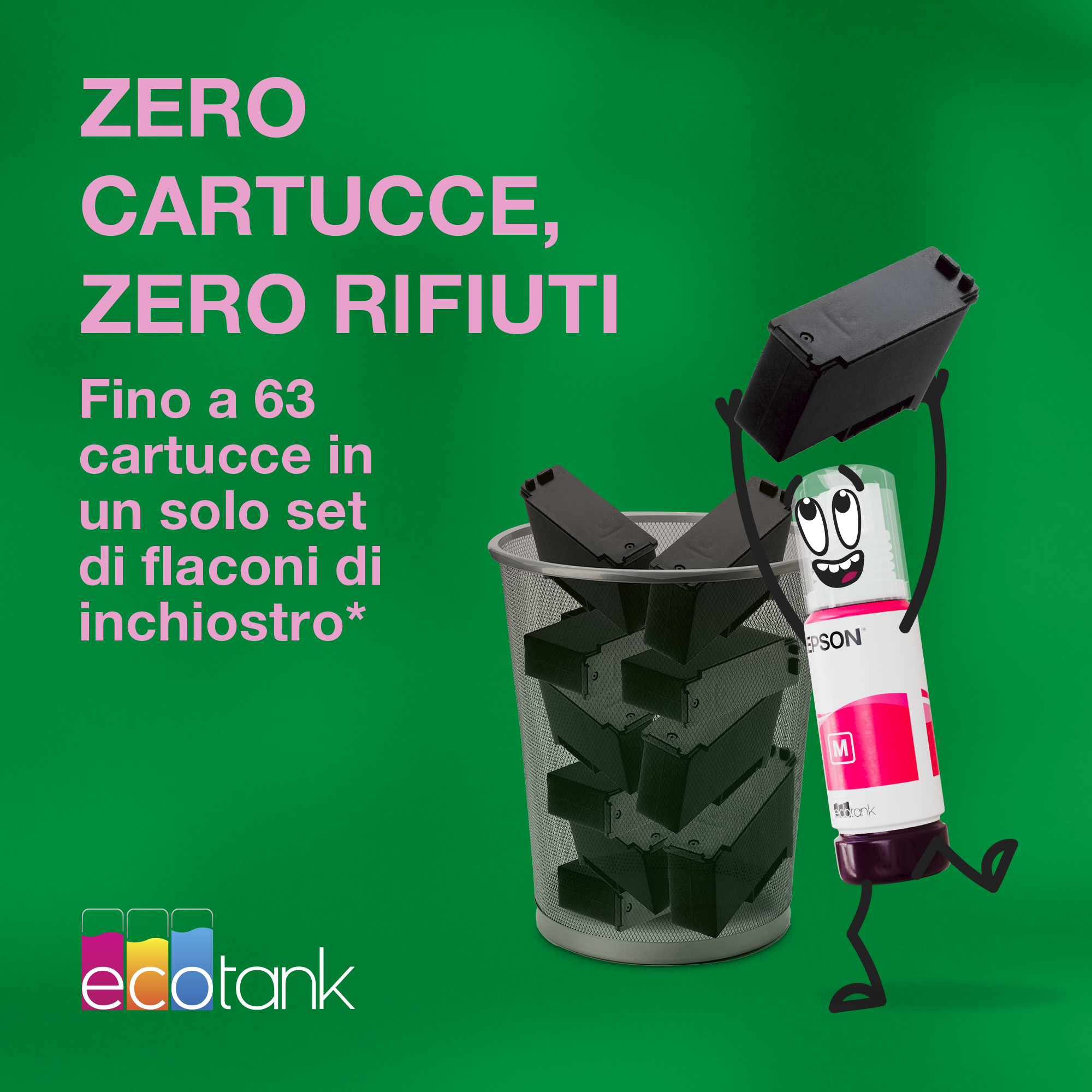 Una bottiglietta di inchiostro Epson EcoTank getta una cartuccia nera in un cestino di metallo su sfondo verde.