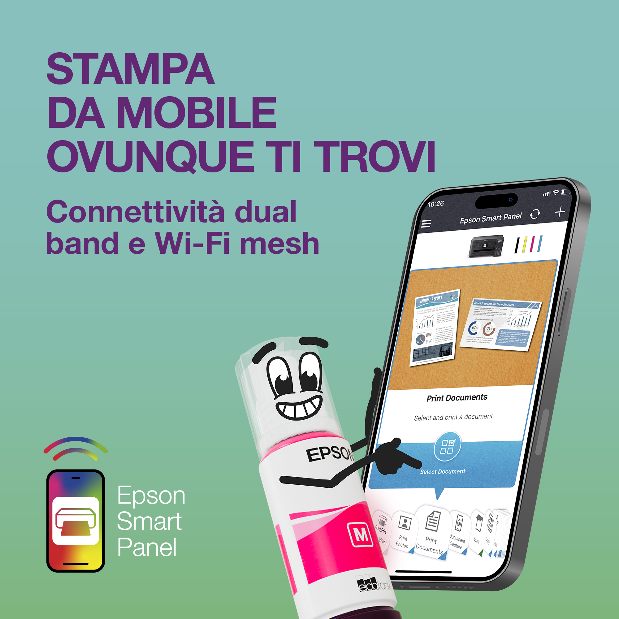 Un flacone di inchiostro animato tocca uno smartphone con l'app Epson Smart Panel su sfondo verde chiaro.