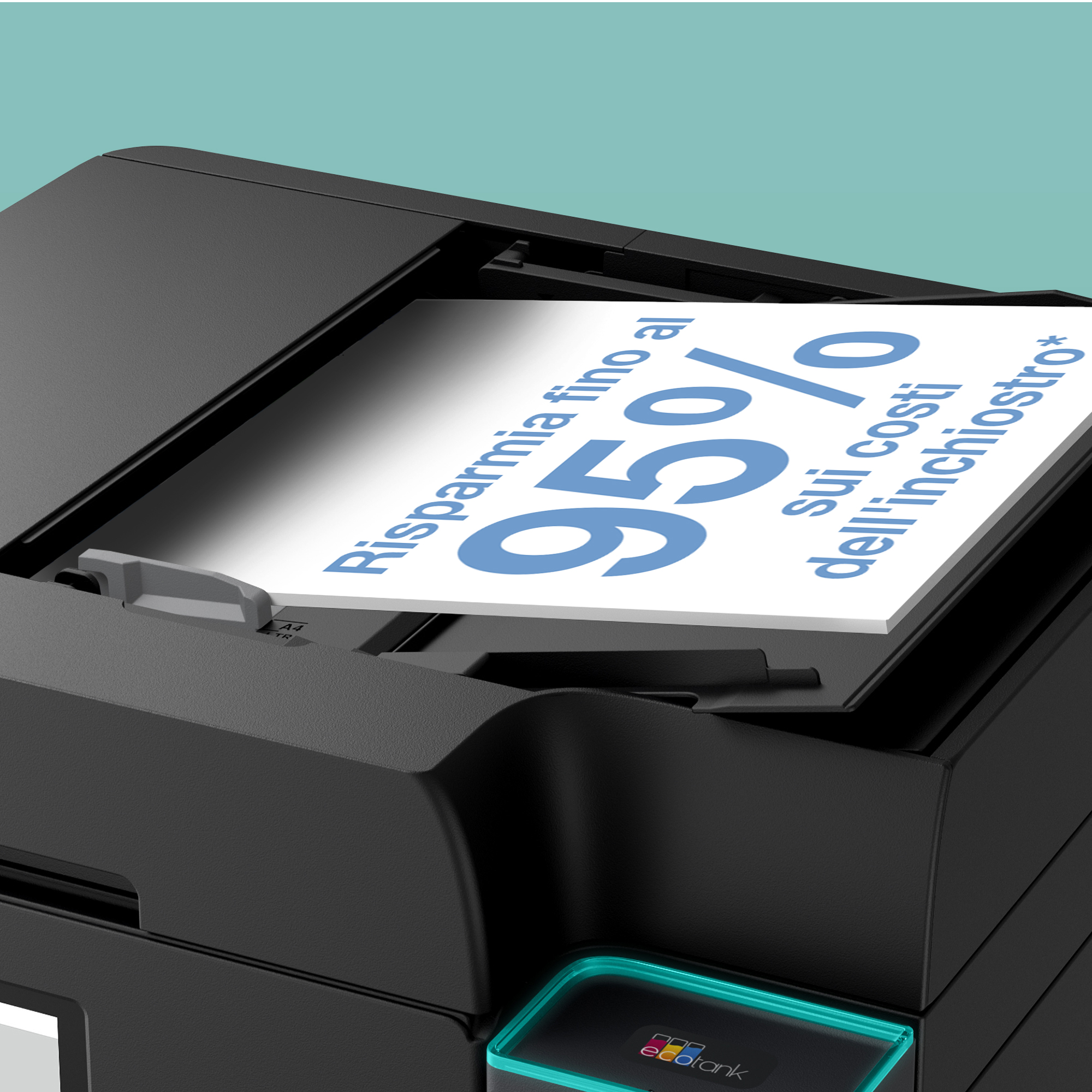 Stampante EcoTank nera con foglio stampato e testo blu su sfondo azzurro.