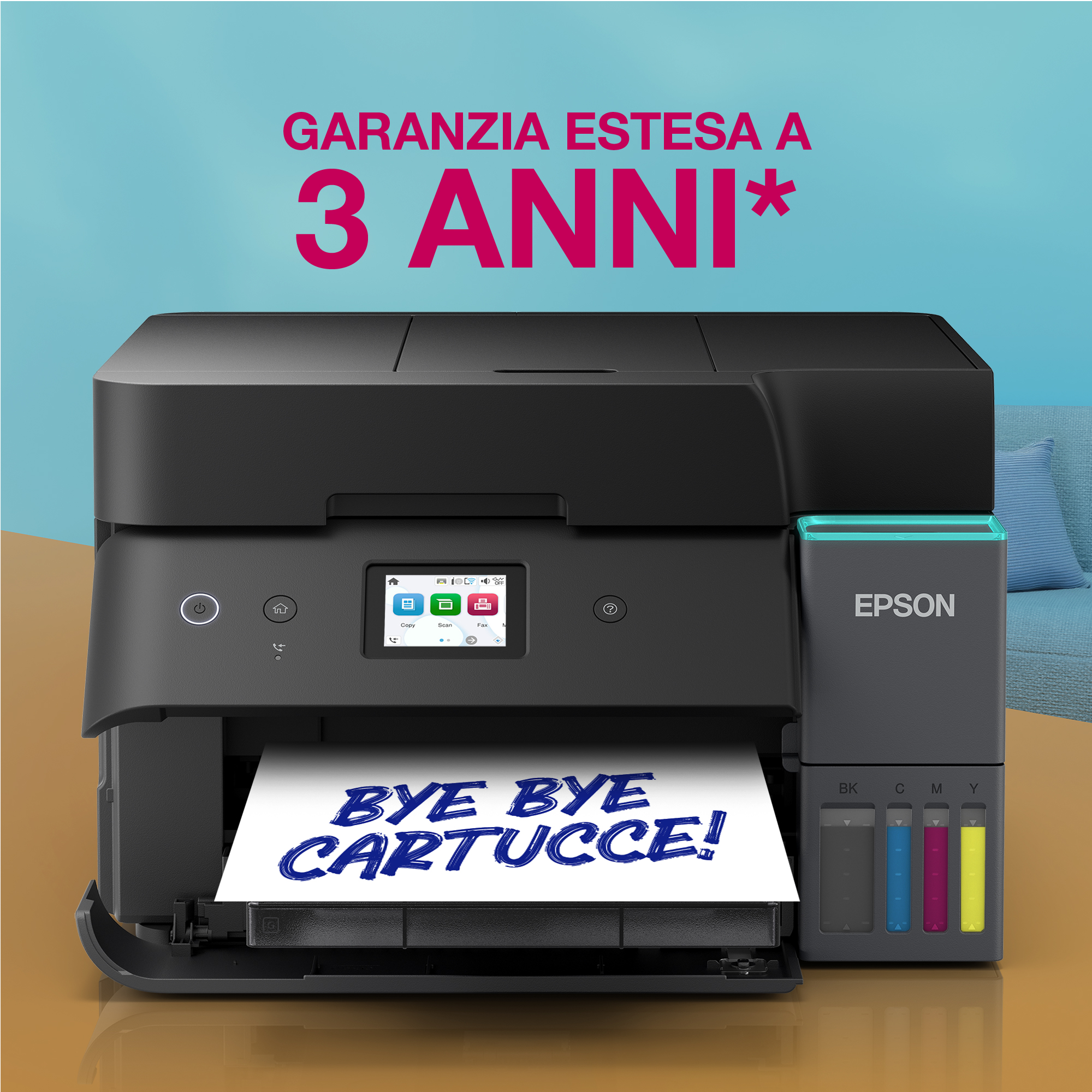 Stampante Epson su superficie in legno con foglio stampato e testo di garanzia di 3 anni sopra.