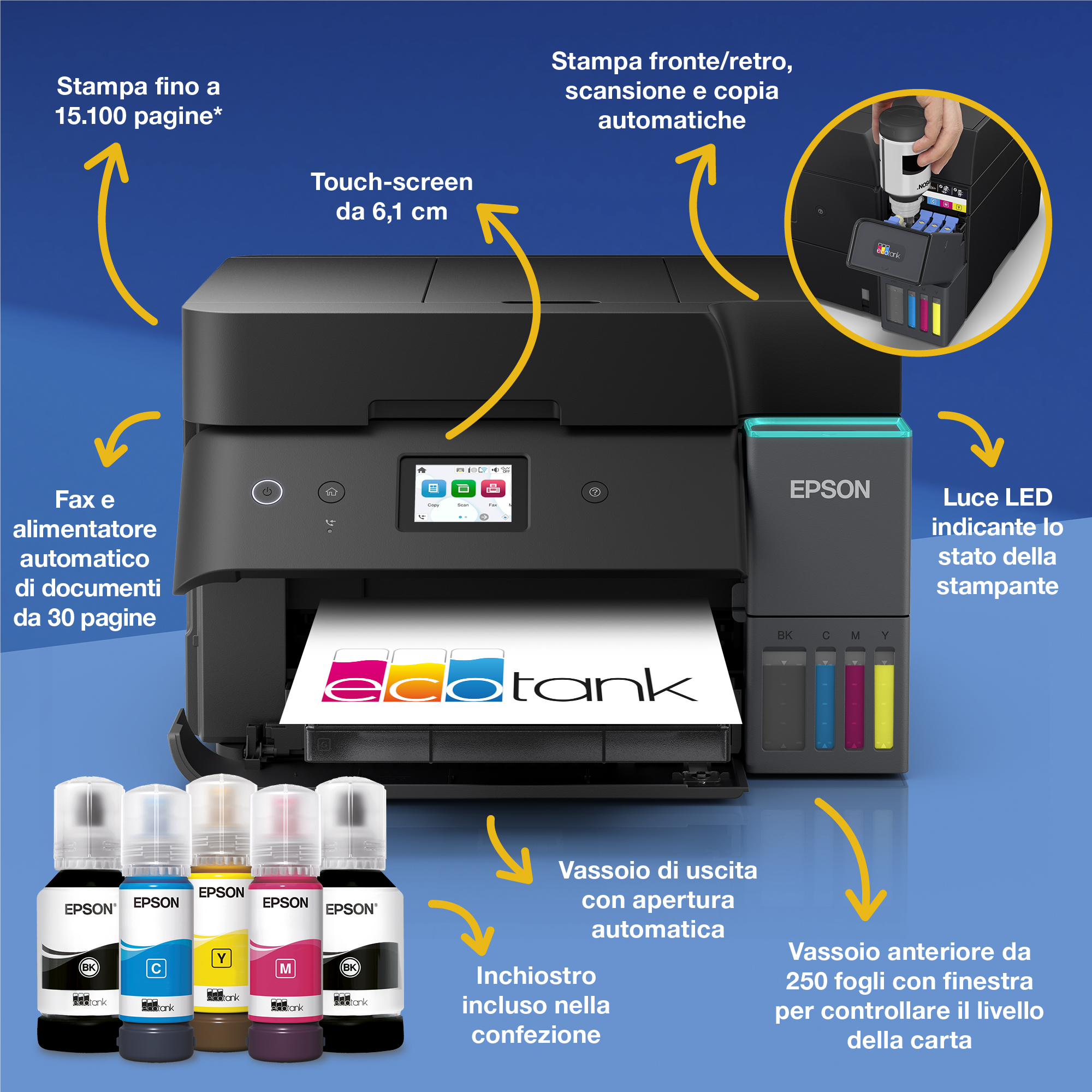 Stampante Epson EcoTank con serbatoi d'inchiostro, flaconi e caratteristiche esplicative su sfondo blu.
