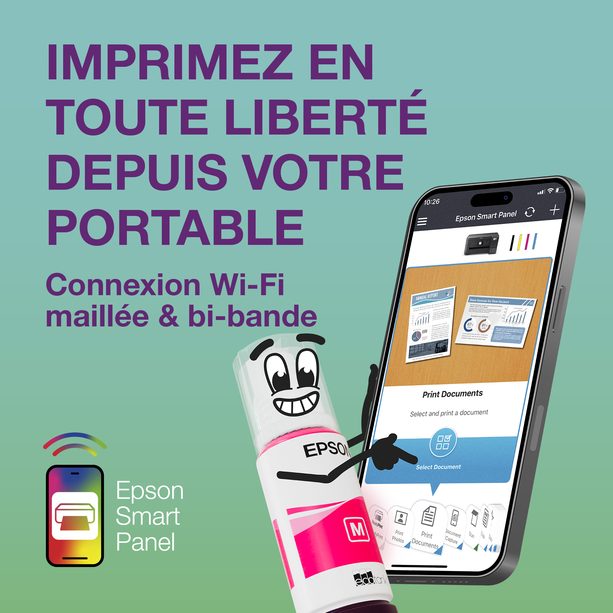 Un graphique textuel violet, un smartphone et une bouteille d'encre Epson animée sur fond turquoise.