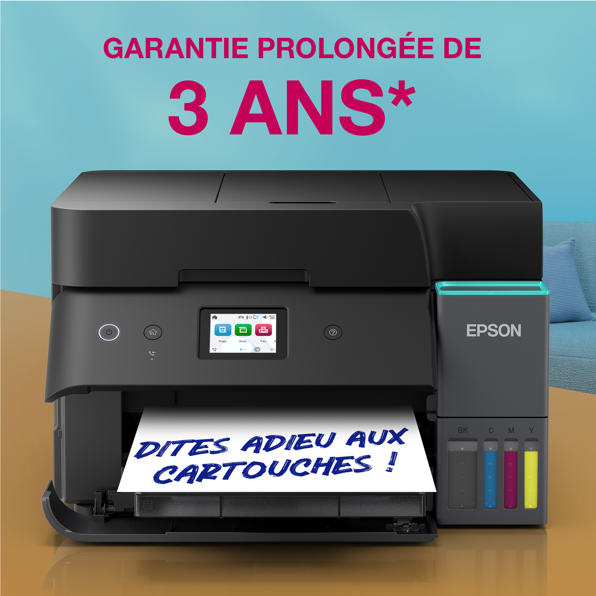 Imprimante jet d'encre Epson sur table en bois avec texte en français.