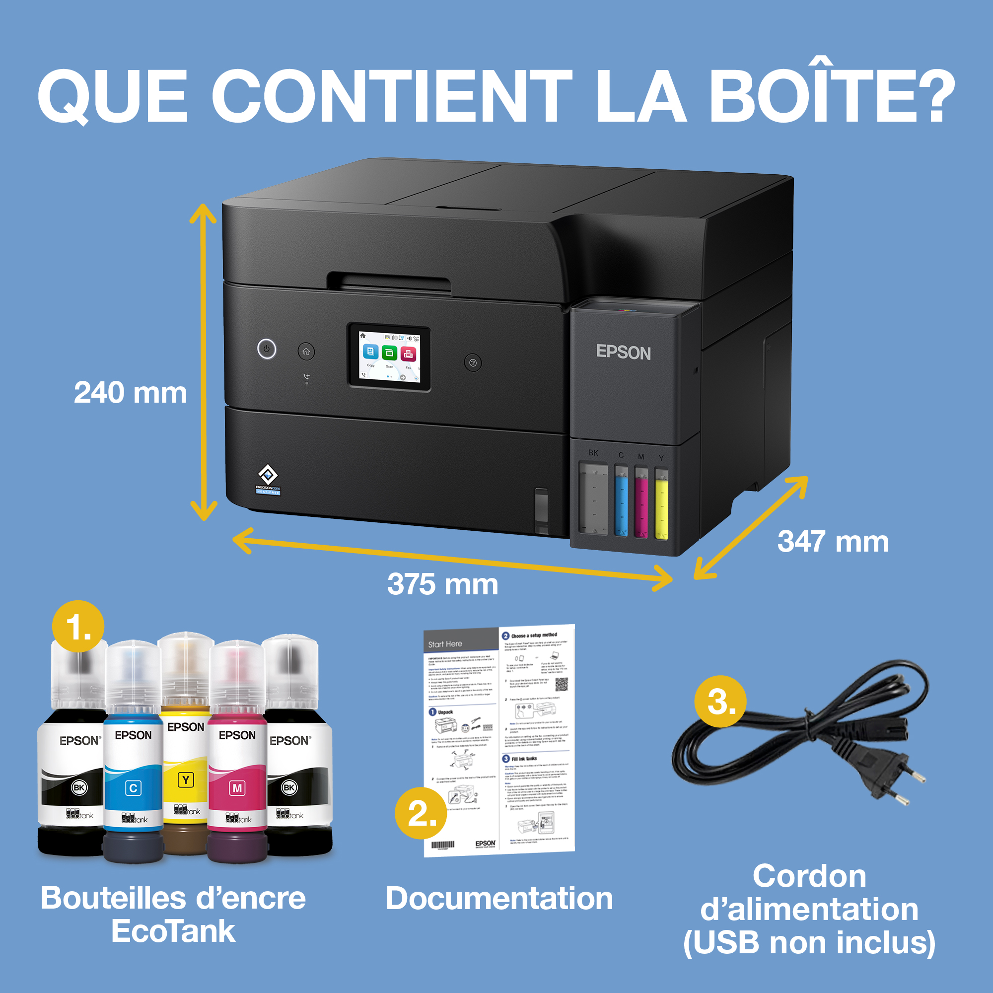 Imprimante Epson EcoTank avec dimensions, bouteilles d'encre, documentation et cordon d'alimentation sur fond bleu.