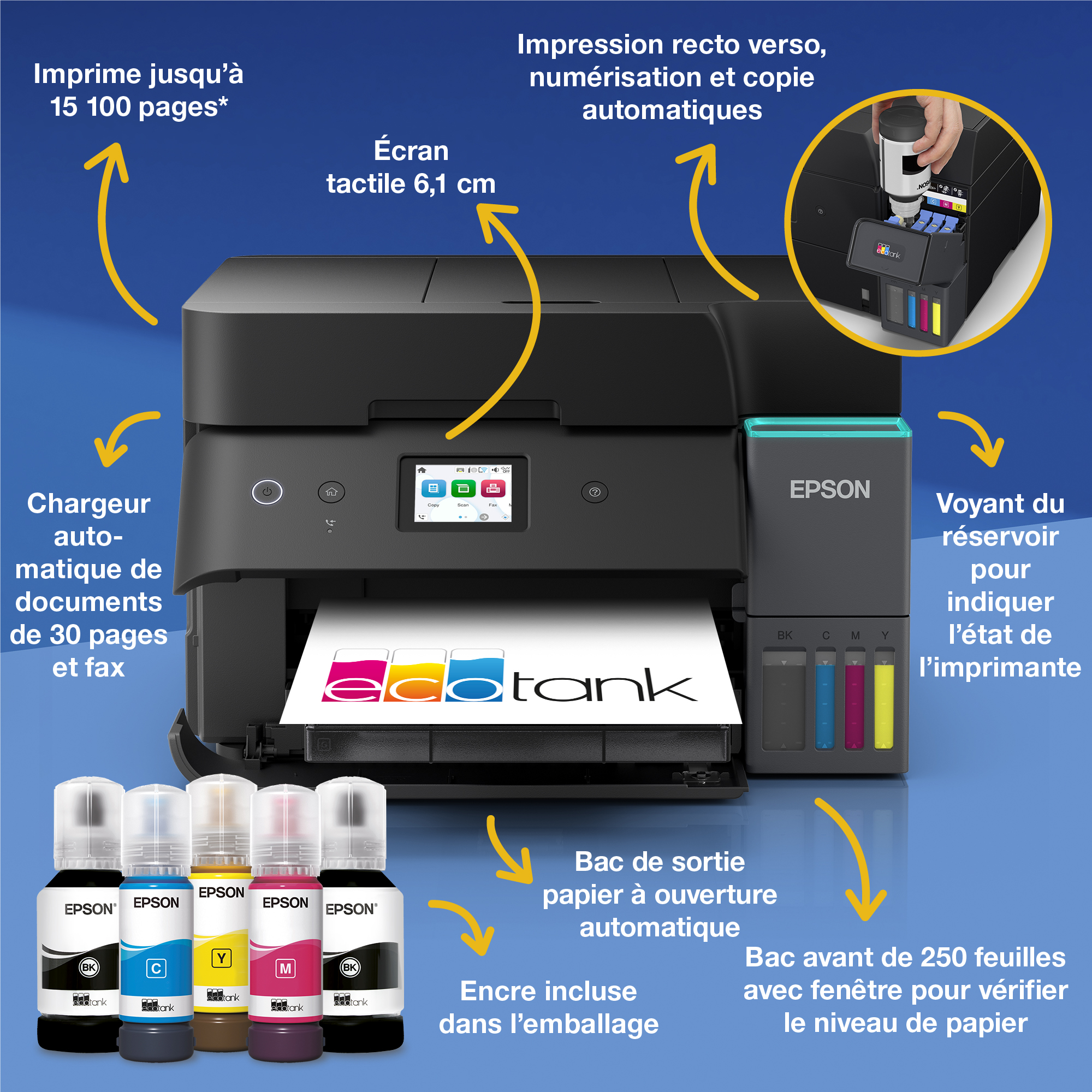 Imprimante Epson EcoTank avec réservoirs d'encre, papier imprimé et cinq bouteilles d'encre devant sur fond bleu.