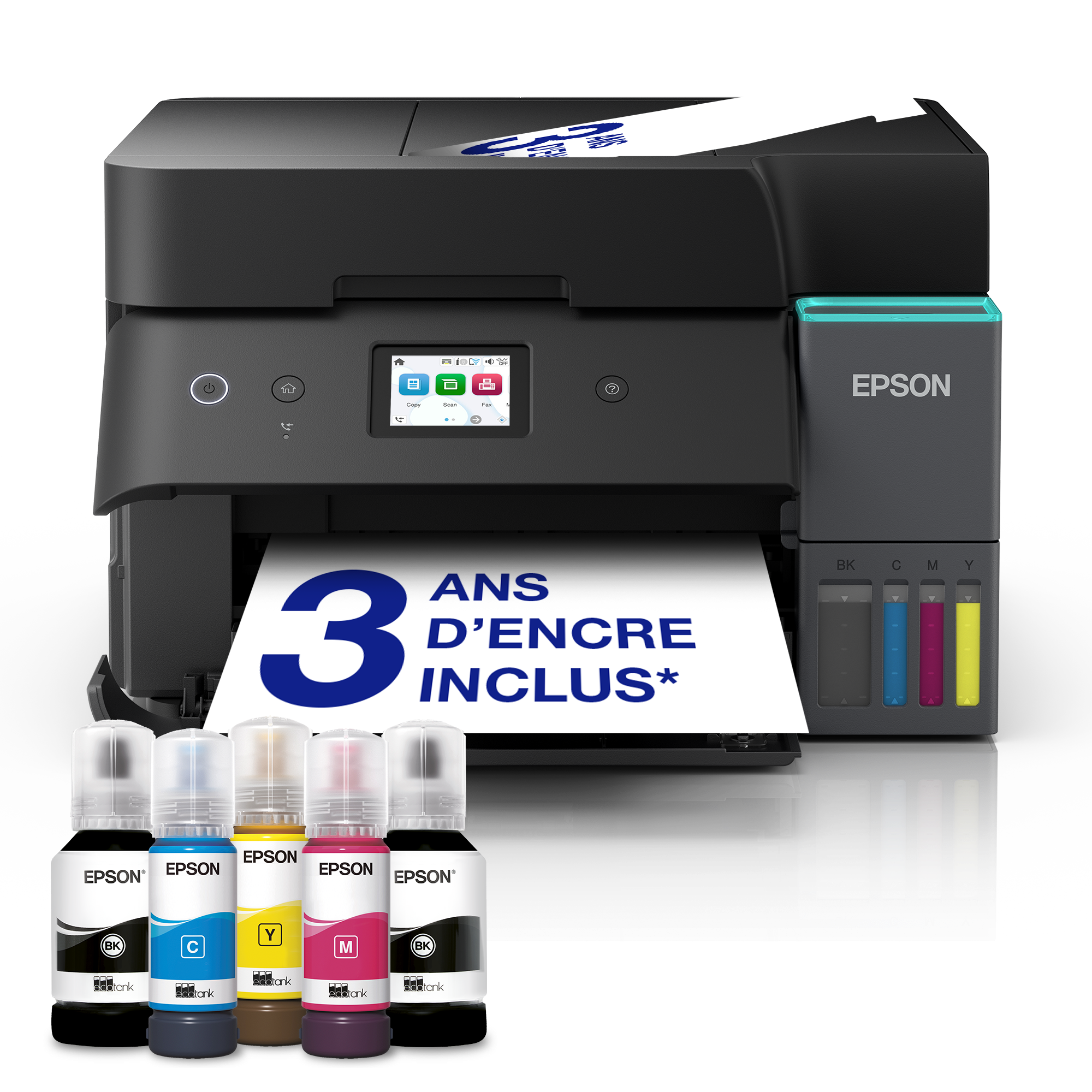 Imprimante Epson EcoTank avec cinq bouteilles d'encre à l'avant et une feuille publicitaire sur fond noir.