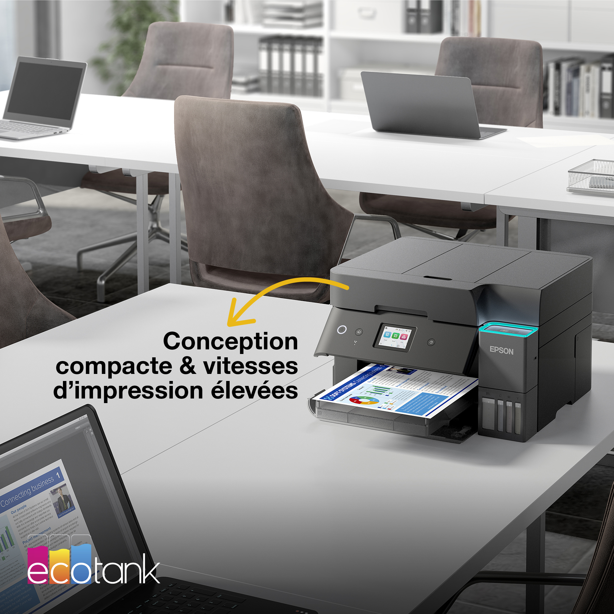 Imprimante Epson EcoTank sur un bureau de bureau avec texte et flèche.