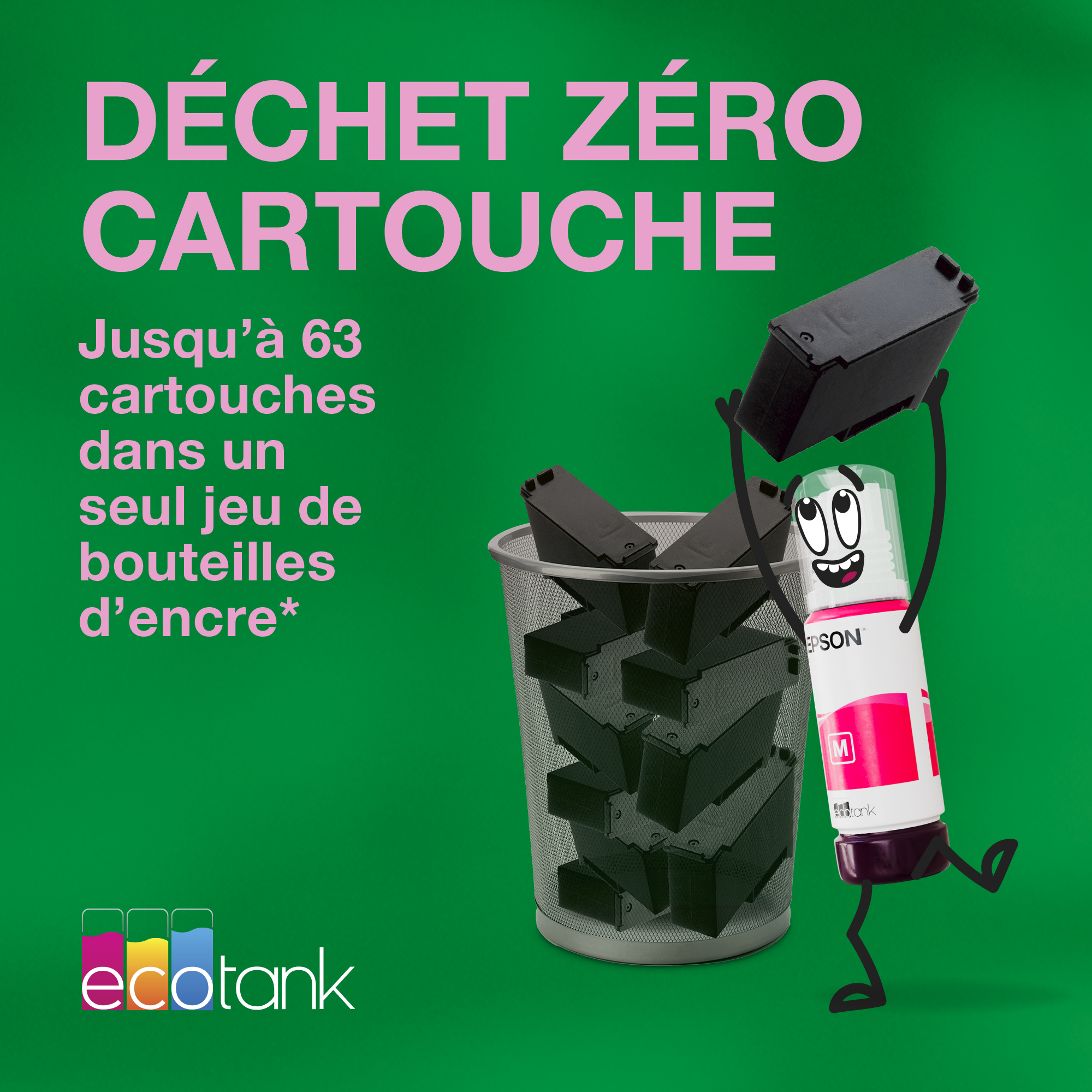 Une bouteille EcoTank souriante jette des cartouches dans une poubelle, sur fond vert avec texte en français.