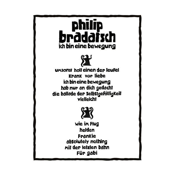 Ein schwarz-weißes Plakat mit Text und Symbolen für Philip Bradatsch.