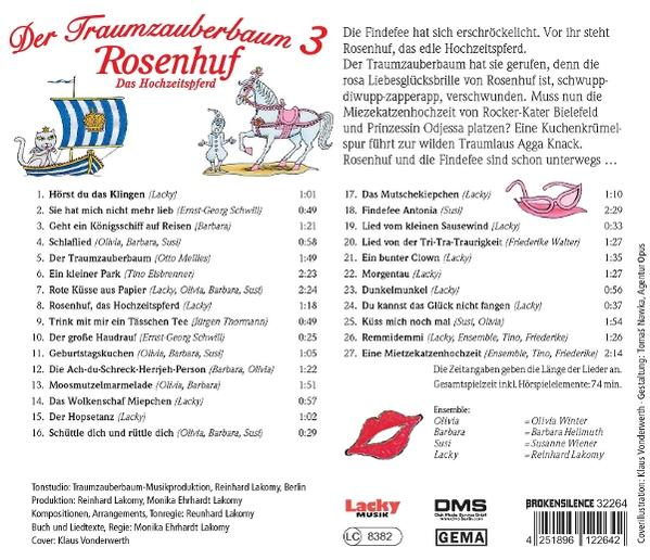 CD-Rückseite mit Trackliste, Illustrationen einer Katze im Boot, eines Pferdes und Text über Rosenhuf.