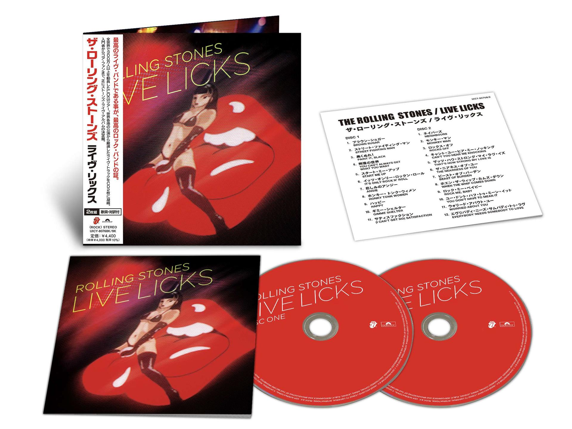 Het Rolling Stones Live Licks cd-album met hoes, inlay, tracklijst en rode schijfjes.