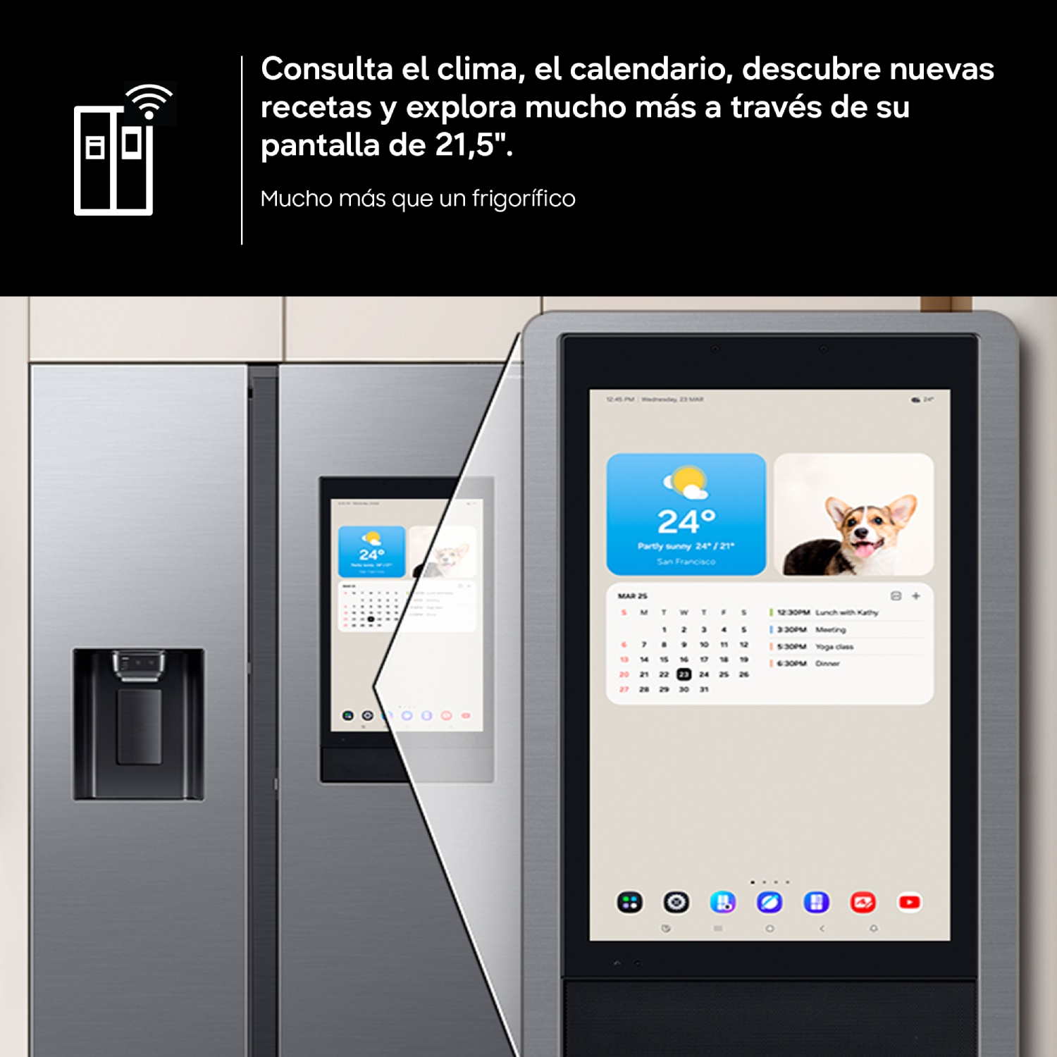 Frigorífico inteligente con pantalla táctil que muestra clima, calendario y aplicaciones en una cocina.