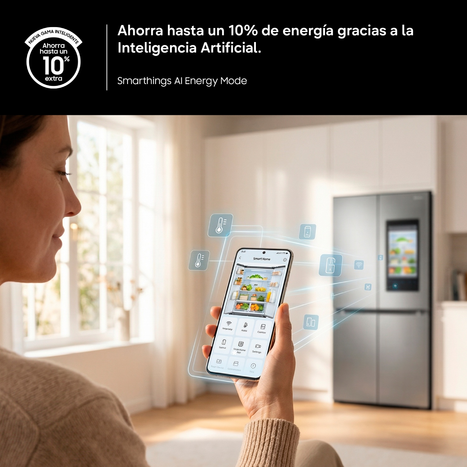 Mujer controla un refrigerador inteligente con una app móvil en una cocina luminosa, con gráficos de energía.