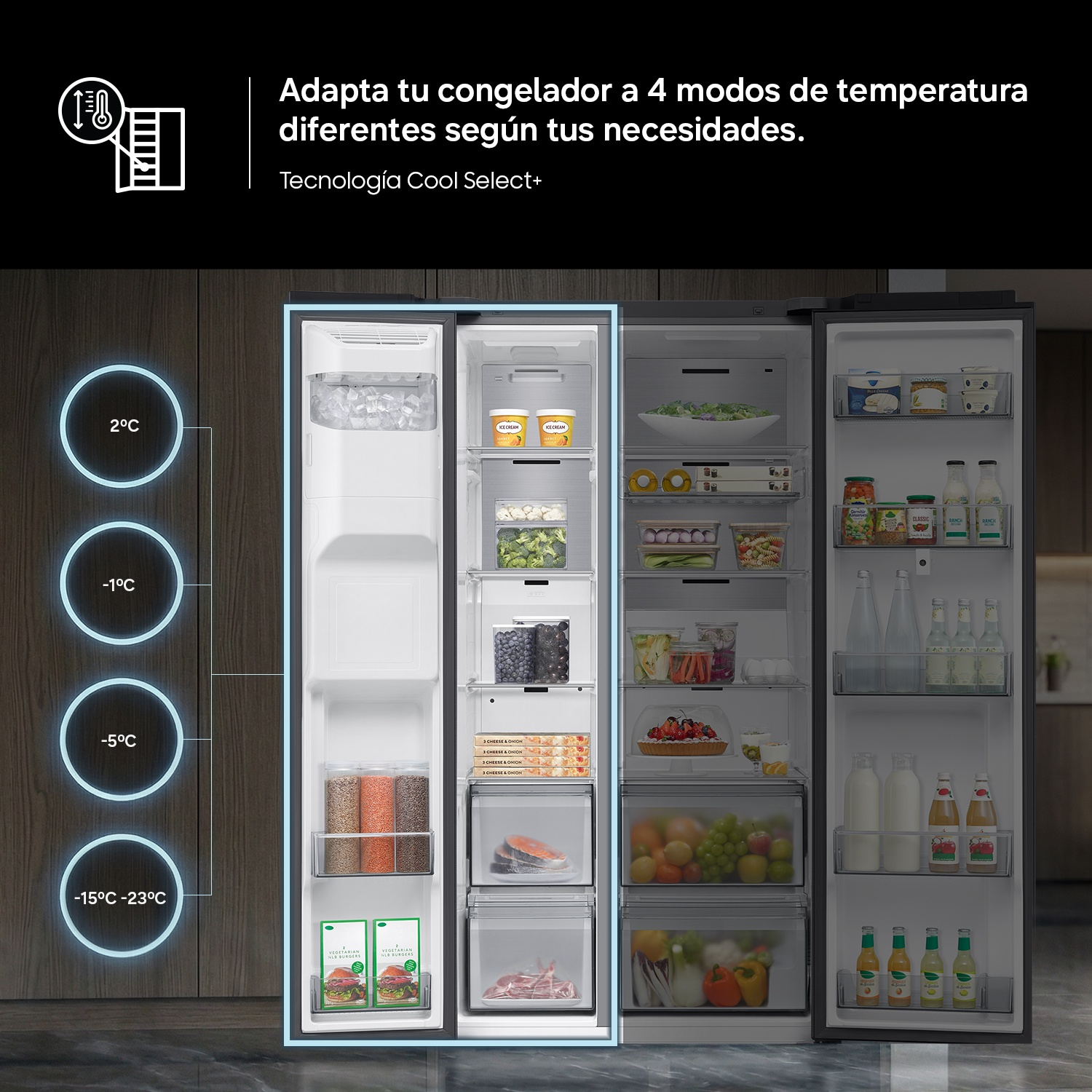 Un refrigerador abierto que muestra cuatro modos de temperatura para alimentos.