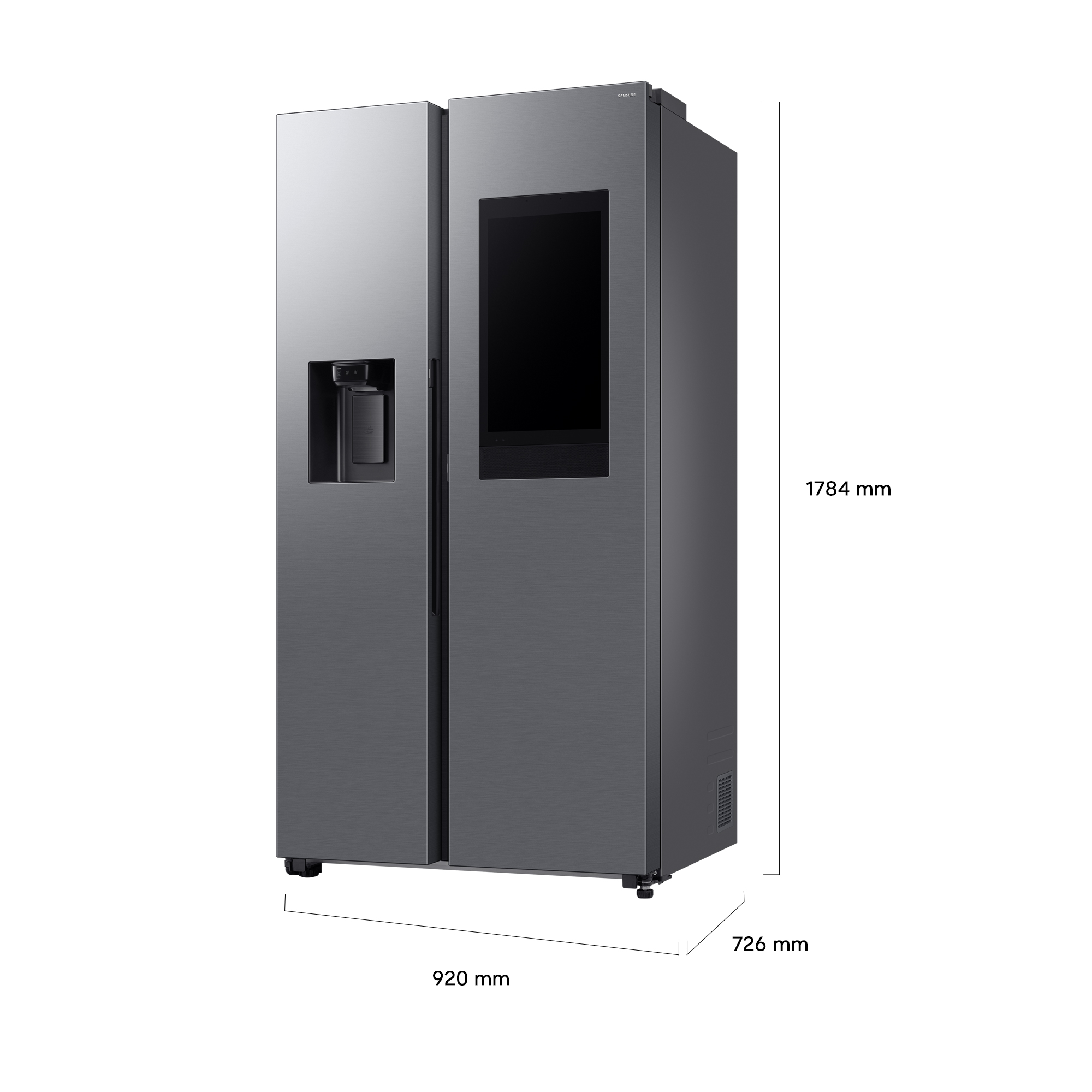 Frigorífico inteligente Samsung gris tipo americano con dispensador de agua y pantalla integrada, con dimensiones.