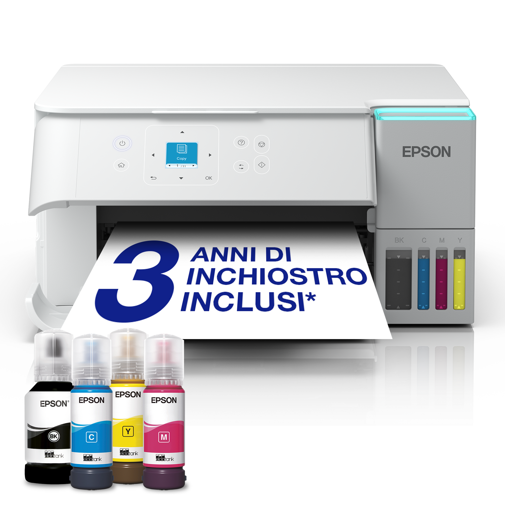 Una stampante bianca Epson EcoTank con quattro flaconi di inchiostro e testo sul foglio.