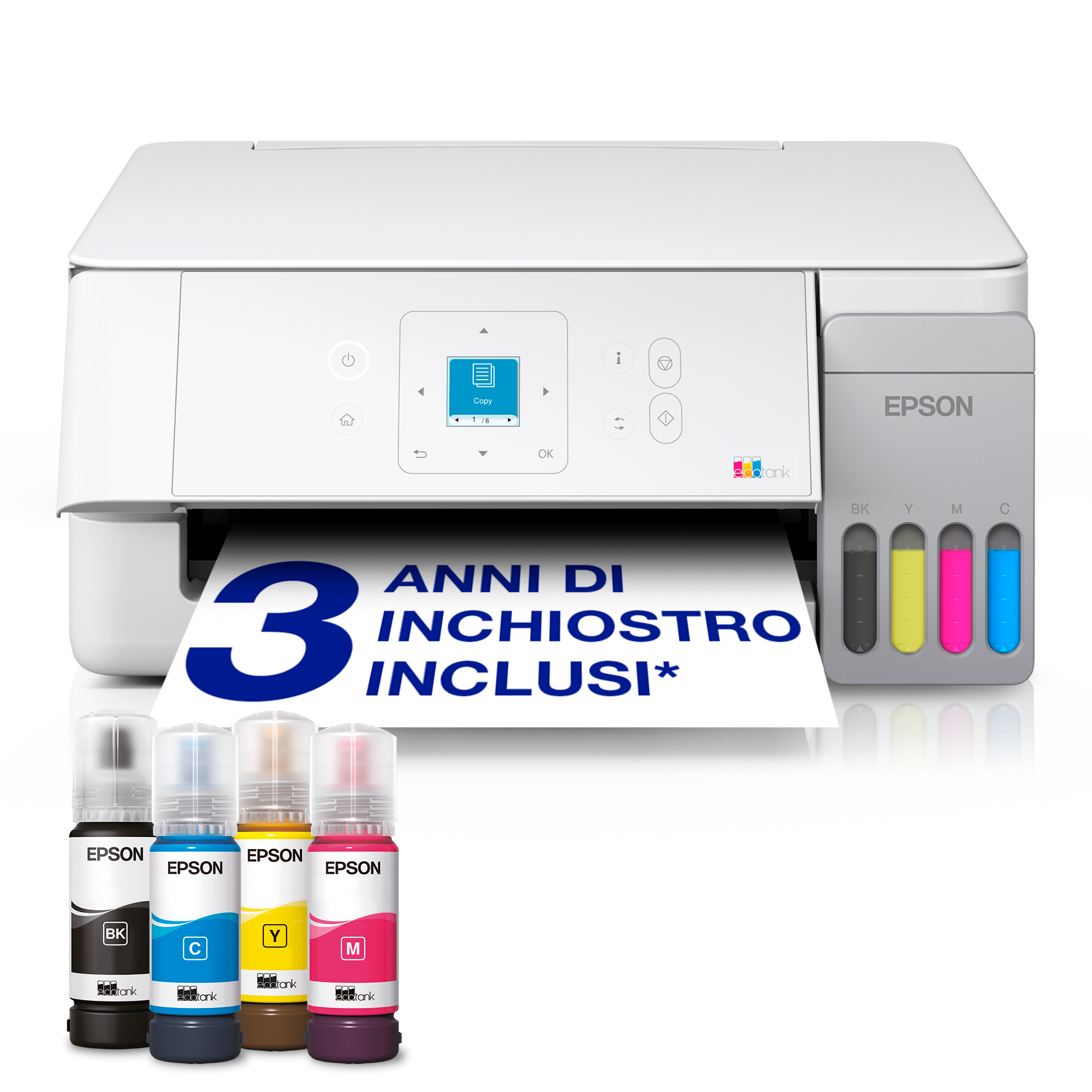 Stampante bianca Epson EcoTank con quattro flaconi di inchiostro e pagina stampata.