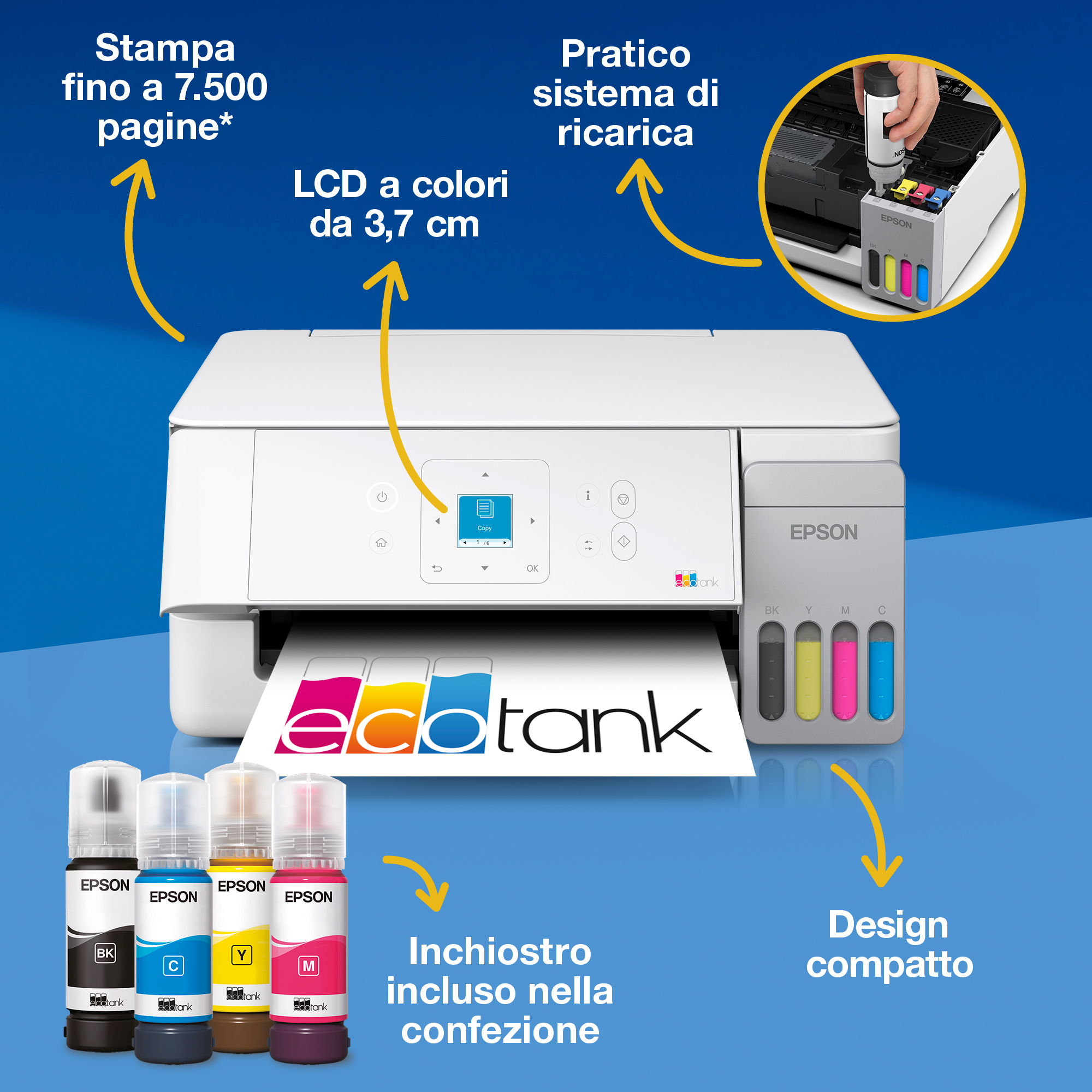Immagine promozionale di una stampante bianca Epson EcoTank con serbatoi d'inchiostro, quattro flaconi di colore e testo su sfondo blu.