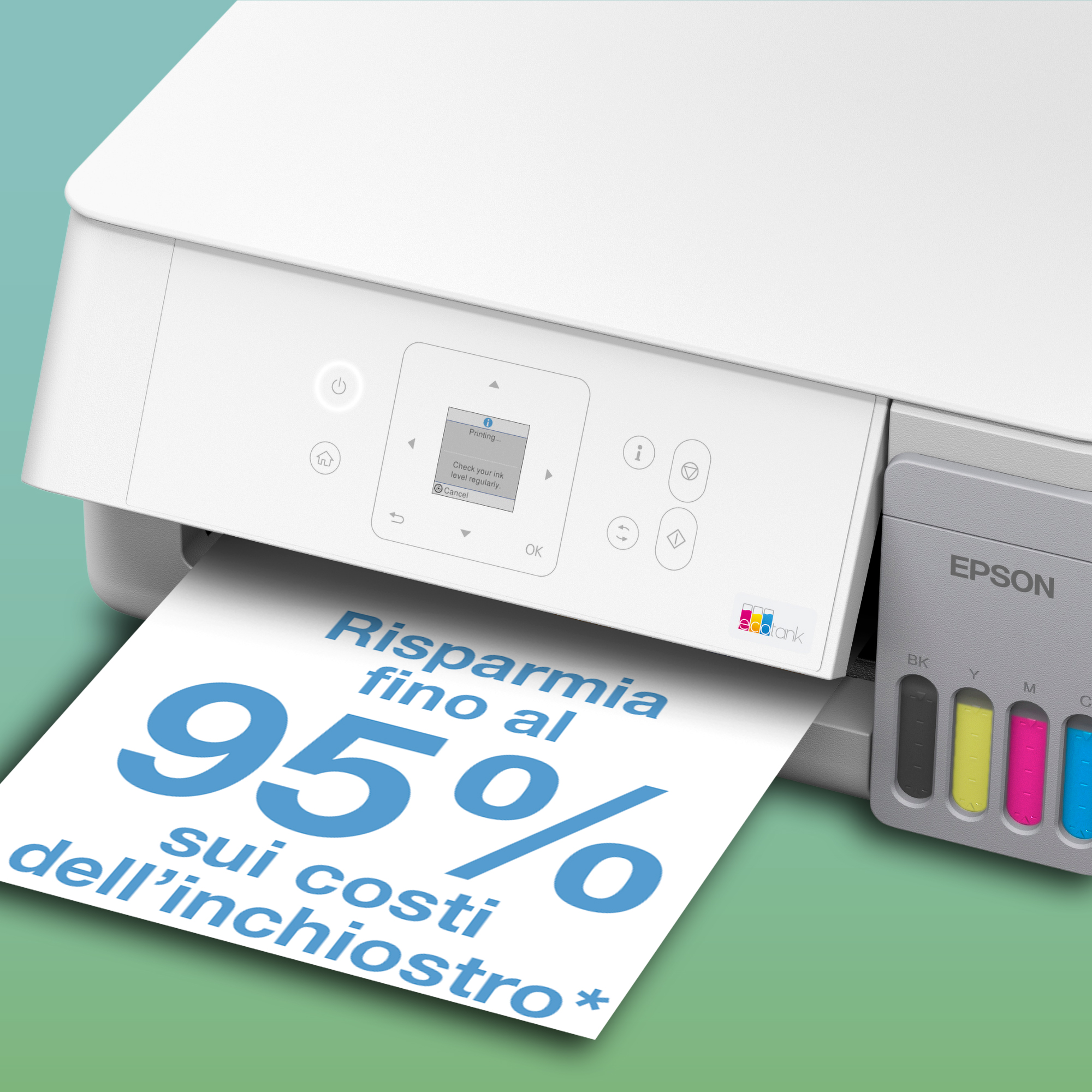 Una stampante bianca Epson EcoTank stampa un foglio con la scritta Risparmia fino al 95% sui costi dell'inchiostro.