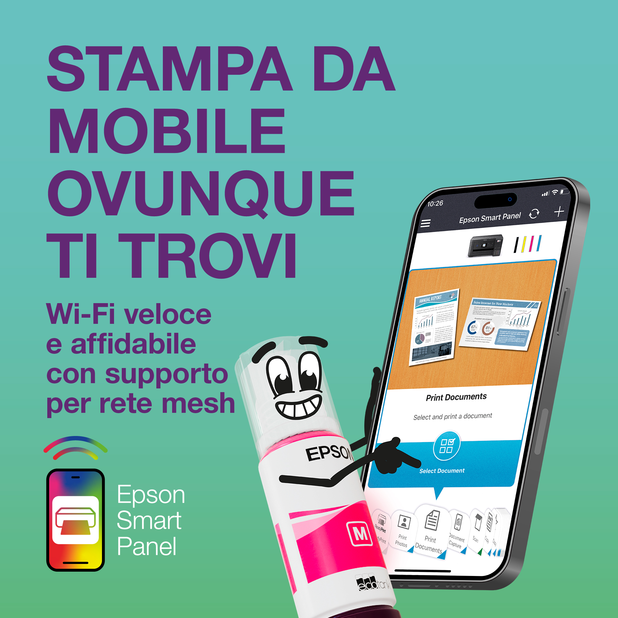 Una bottiglia d'inchiostro animata indica uno smartphone con l'app Epson Smart Panel e testo in primo piano.