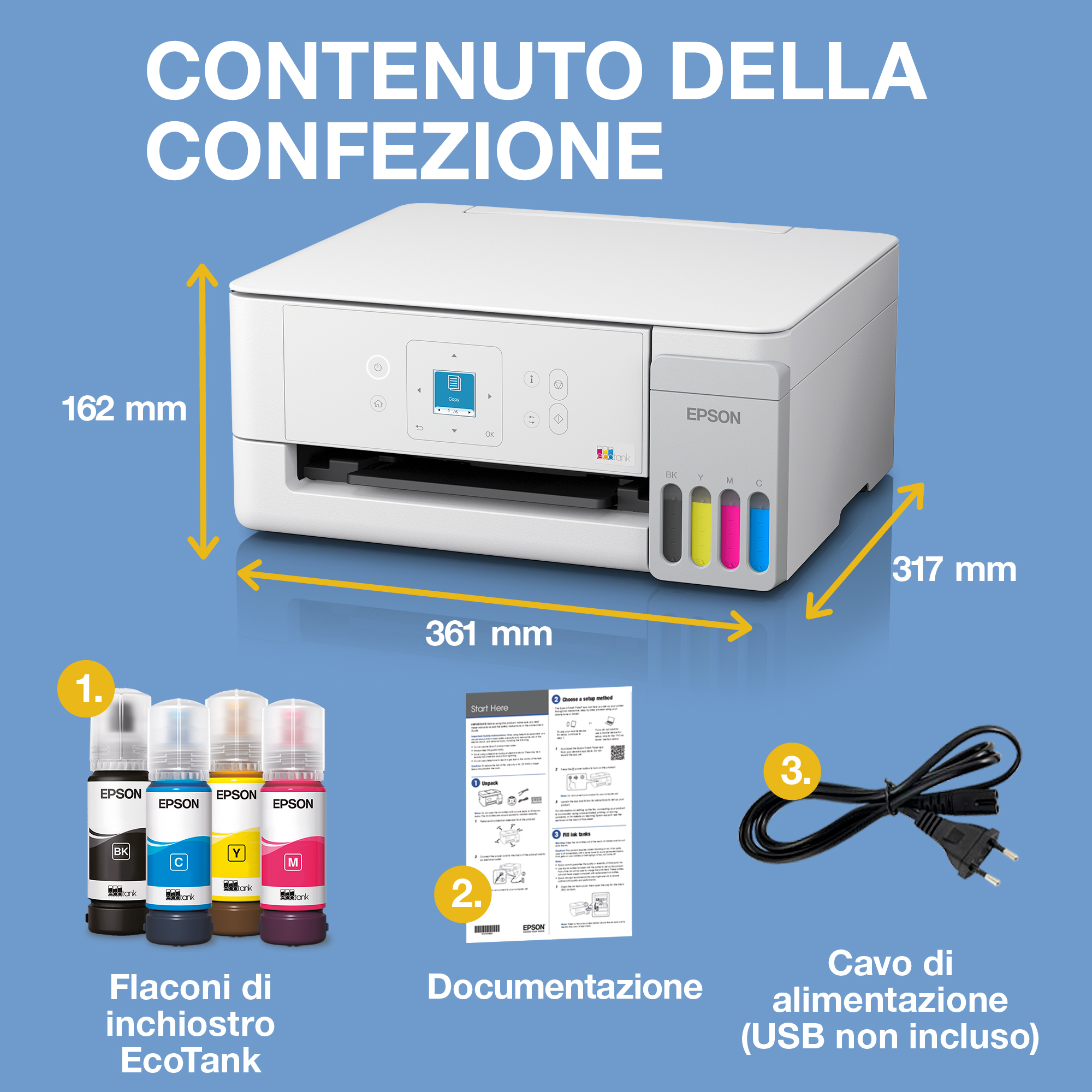 Stampante Epson EcoTank con dimensioni, quattro flaconi di inchiostro, documentazione e cavo di alimentazione.