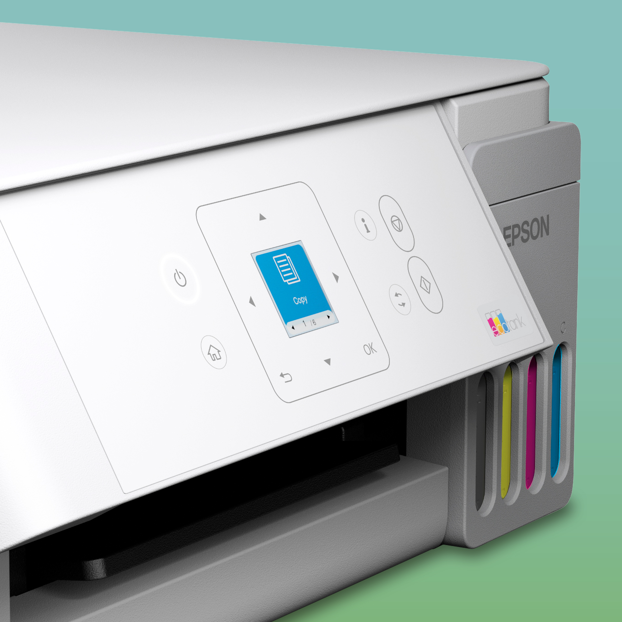 Primo piano di una stampante Epson EcoTank con pannello di controllo e serbatoi d'inchiostro.