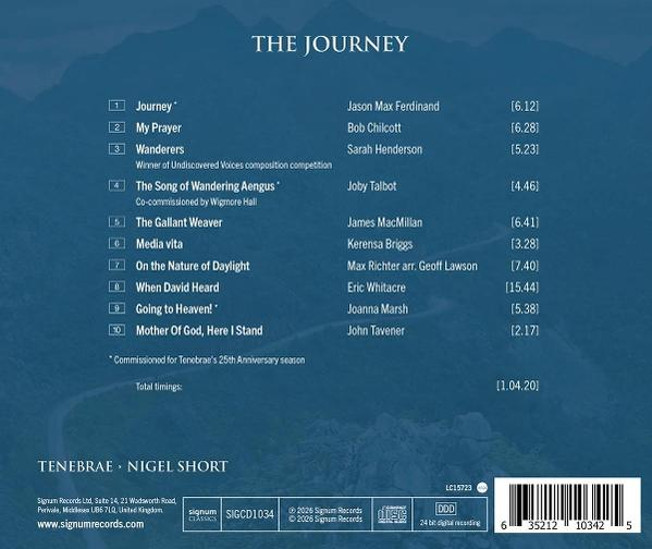 Blaues CD-Hintercover mit der Titelliste von The Journey, Bergen im Hintergrund und einem Barcode.