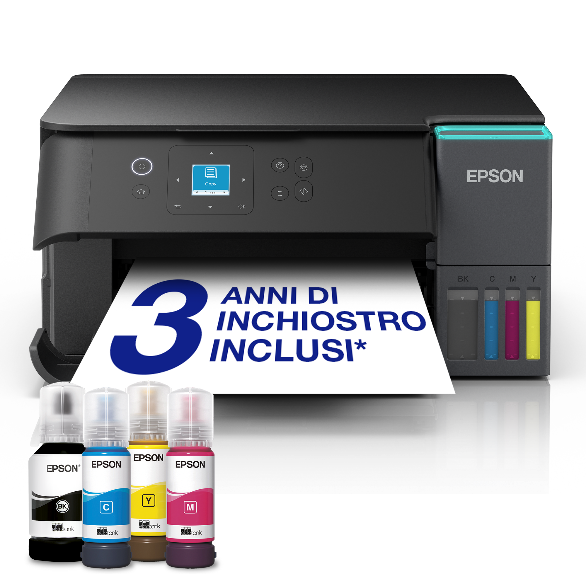 Una stampante Epson EcoTank stampa una pagina con testo in italiano, con quattro flaconi di inchiostro.