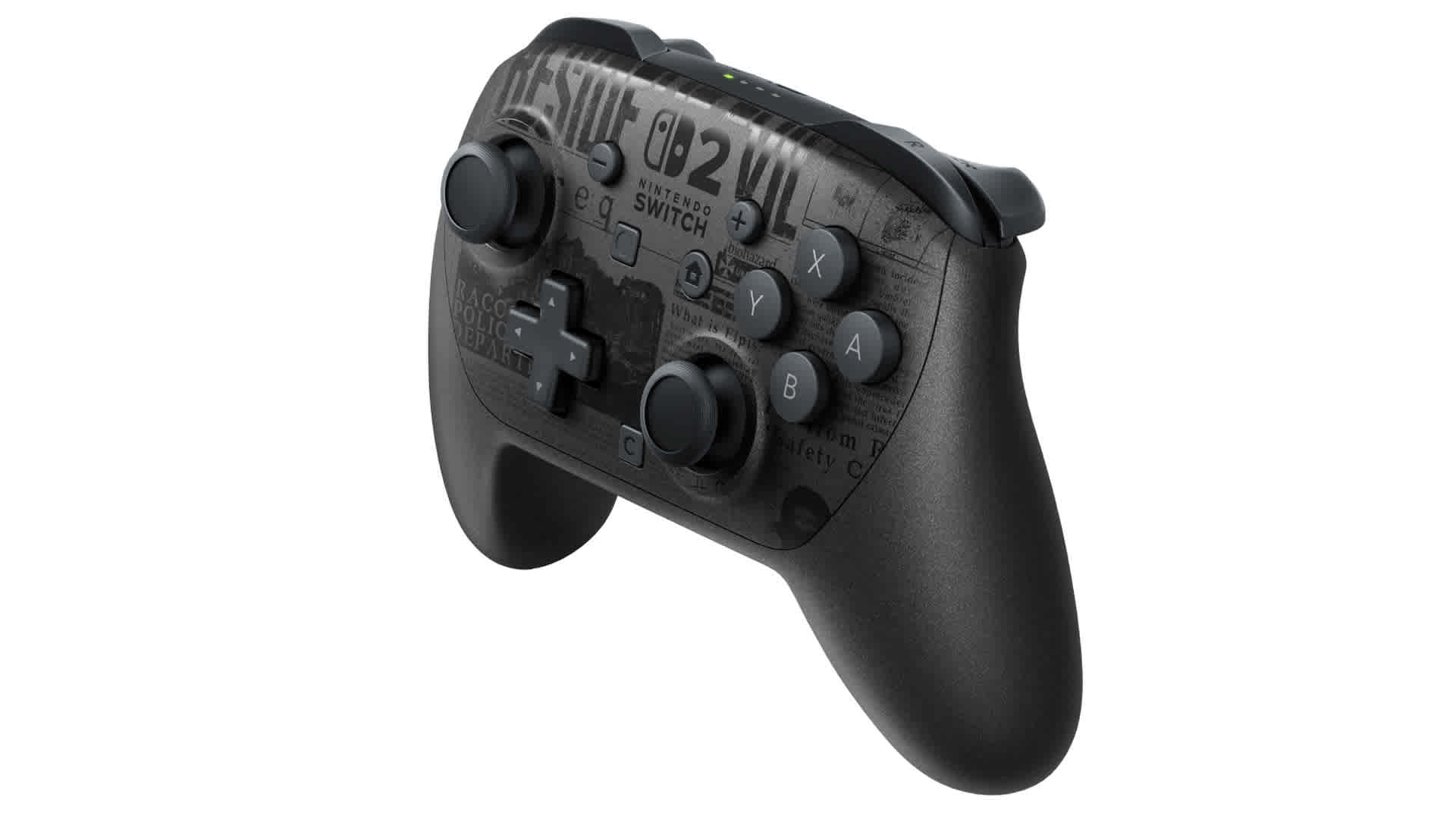 Czarny kontroler Nintendo Switch Pro z grafiką o tematyce gry na białym tle.